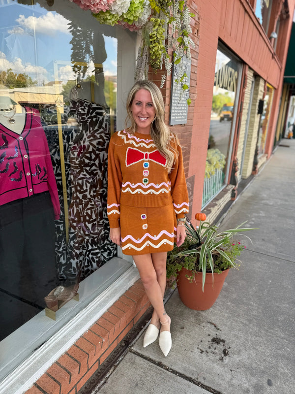Brown Gingerbread Man Jewel Bow Tie Sweater | Queen of Sparkles