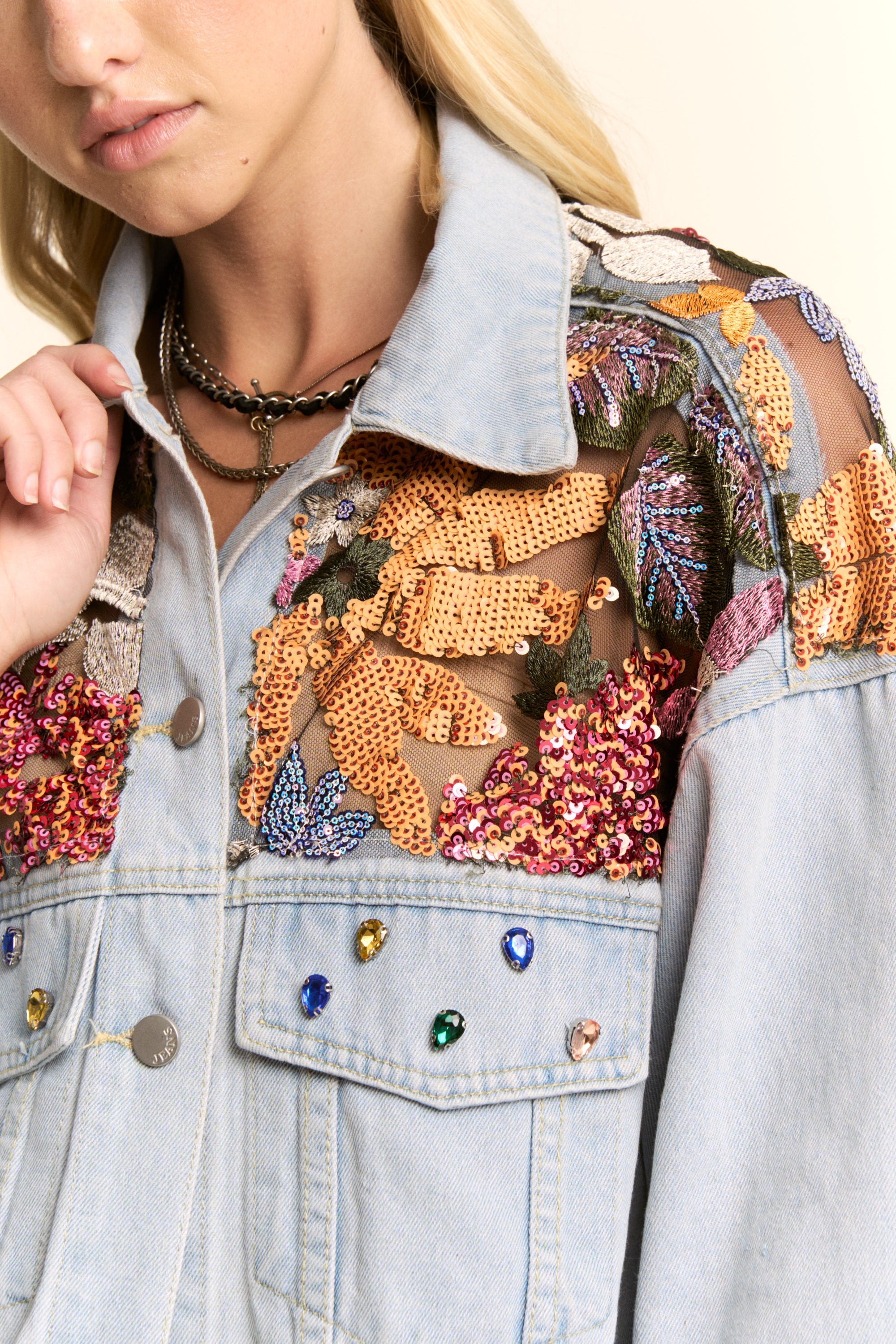 PLUS SIZE | Sequin Embroidered Vibrant Denim Jacket