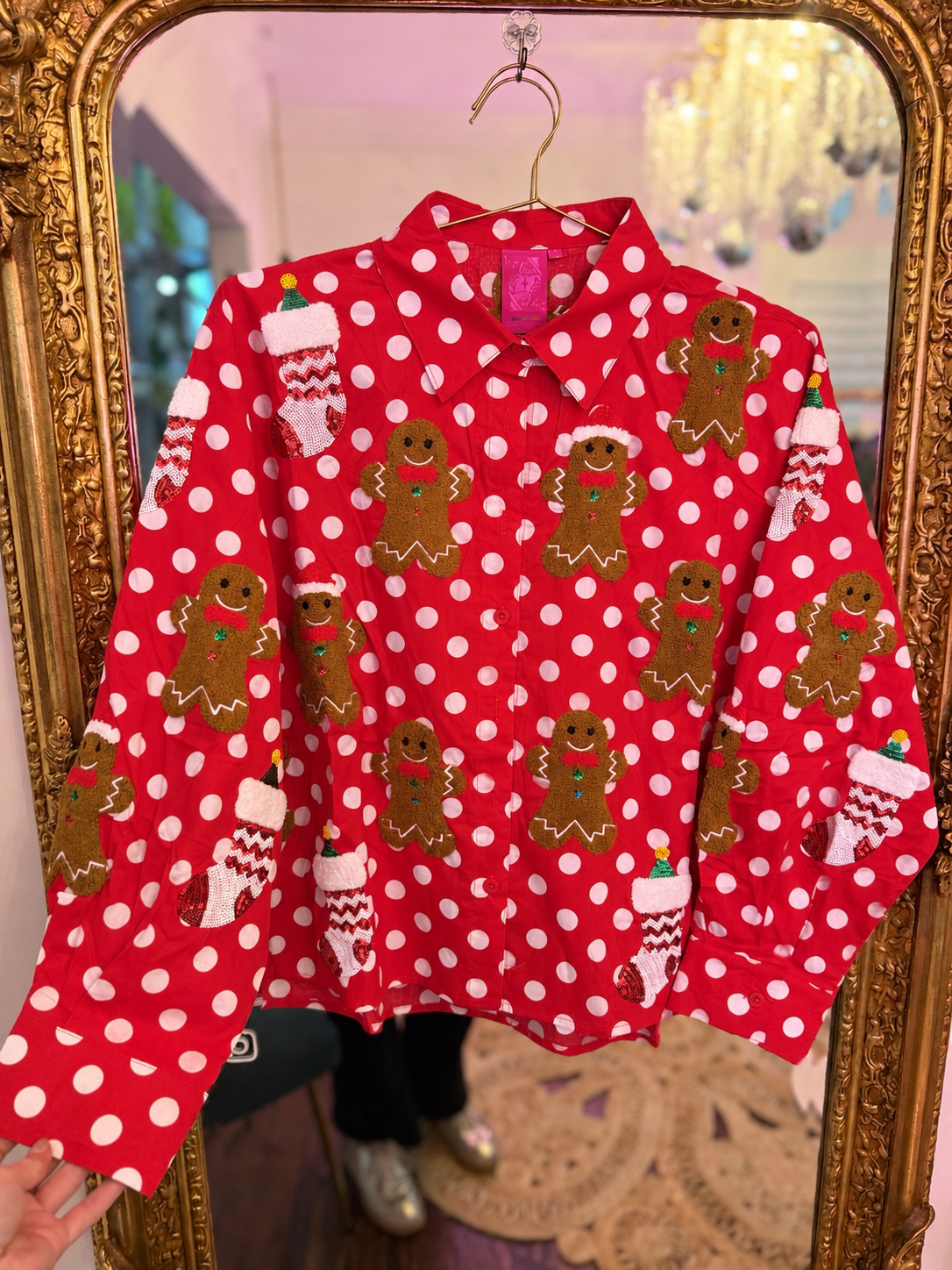 Red & White Polka Dot Gingerbread Man & Stocking Cotton Top | Queen of Sparkles