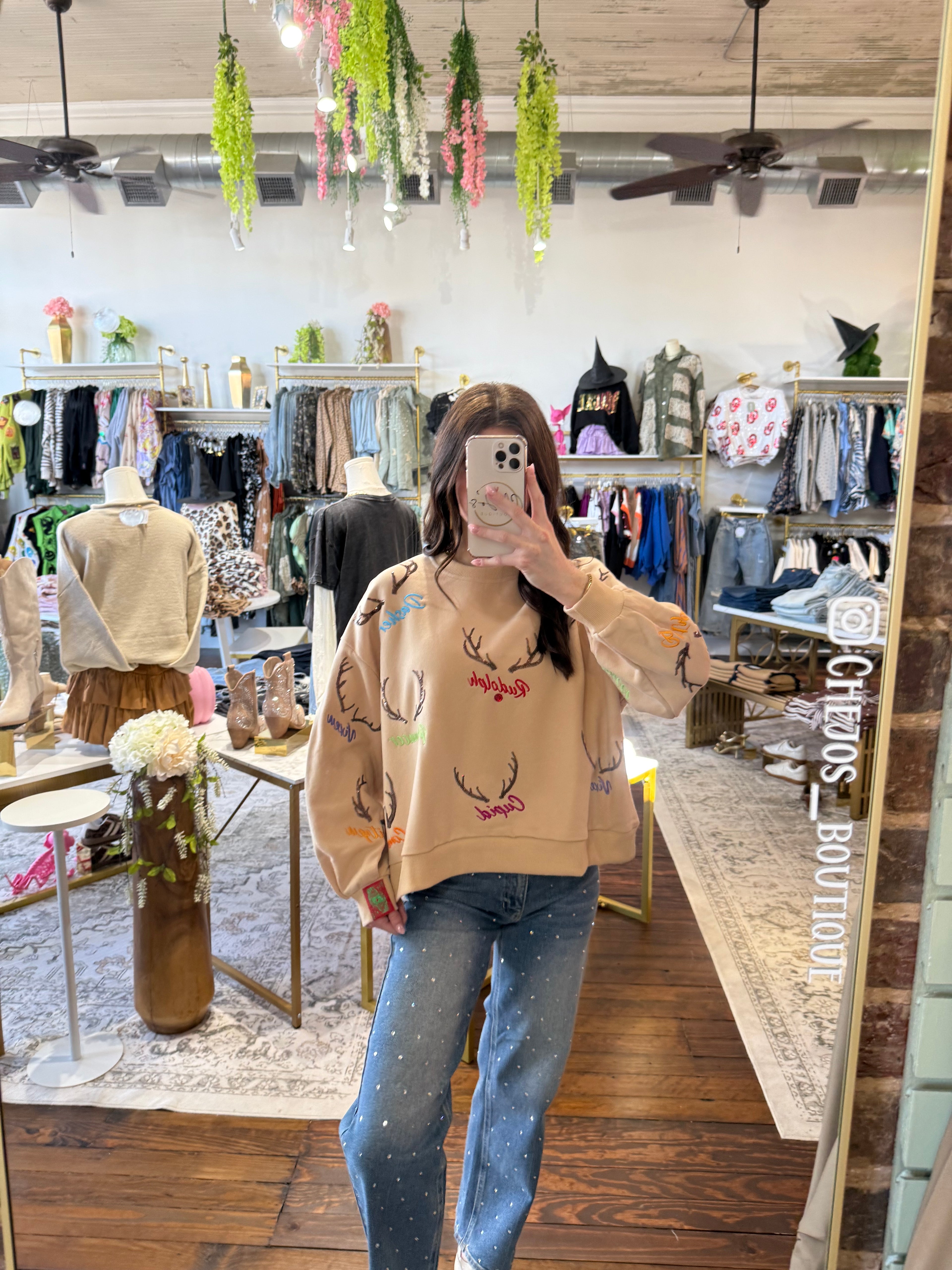 Tan Reindeer Name & Antlers Sweatshirt | Queen of Sparkles