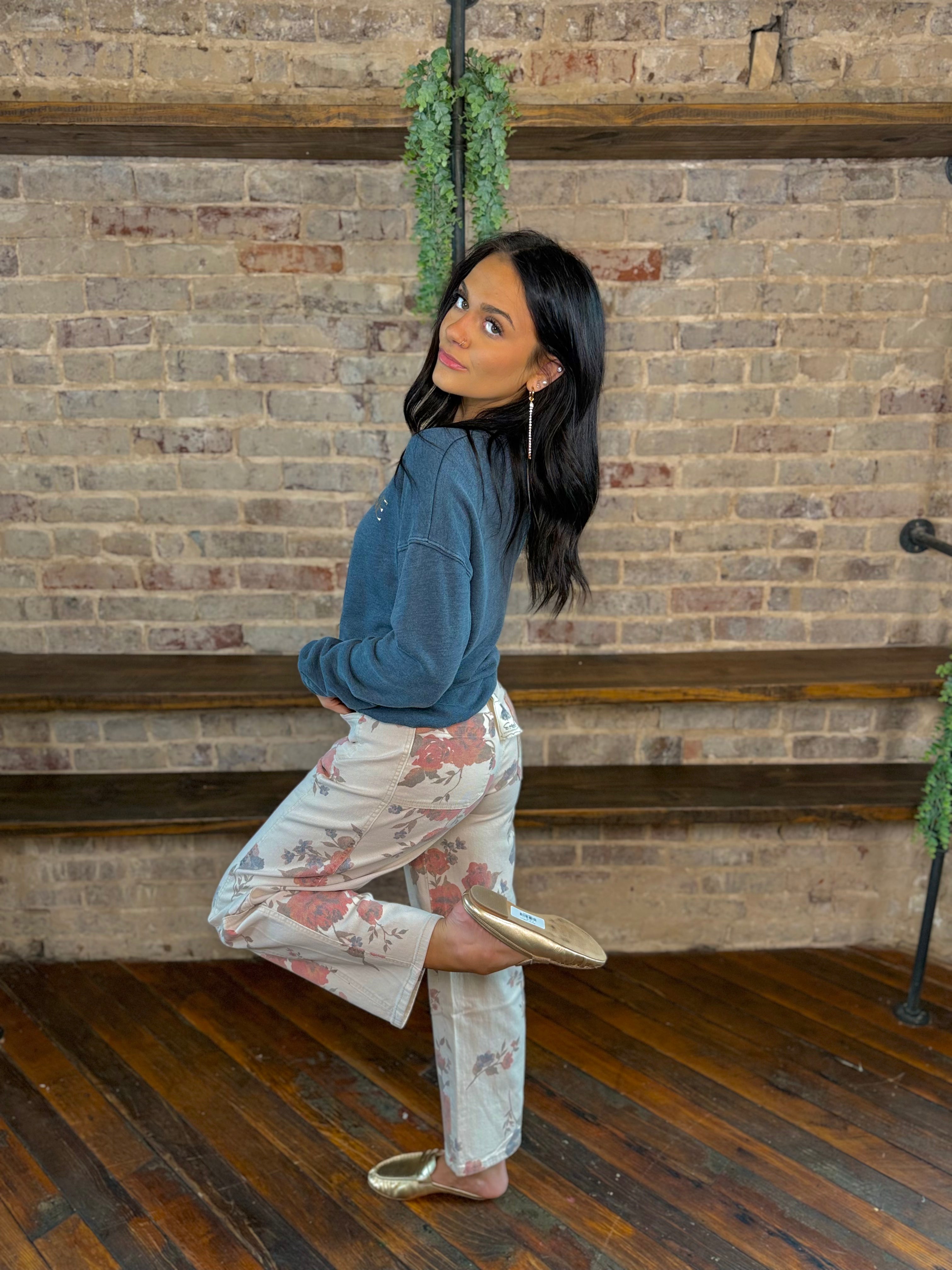 Floral Printed Washed Twill Barrel Pants