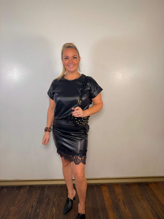 Lace Detail Leather Belted Midi Skirt