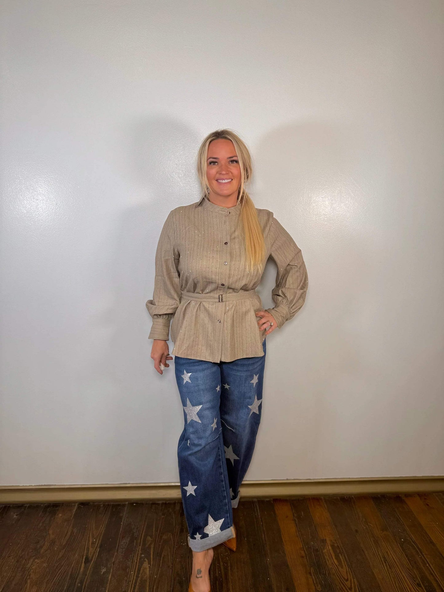 Mae Rhinestone Belted Blouse