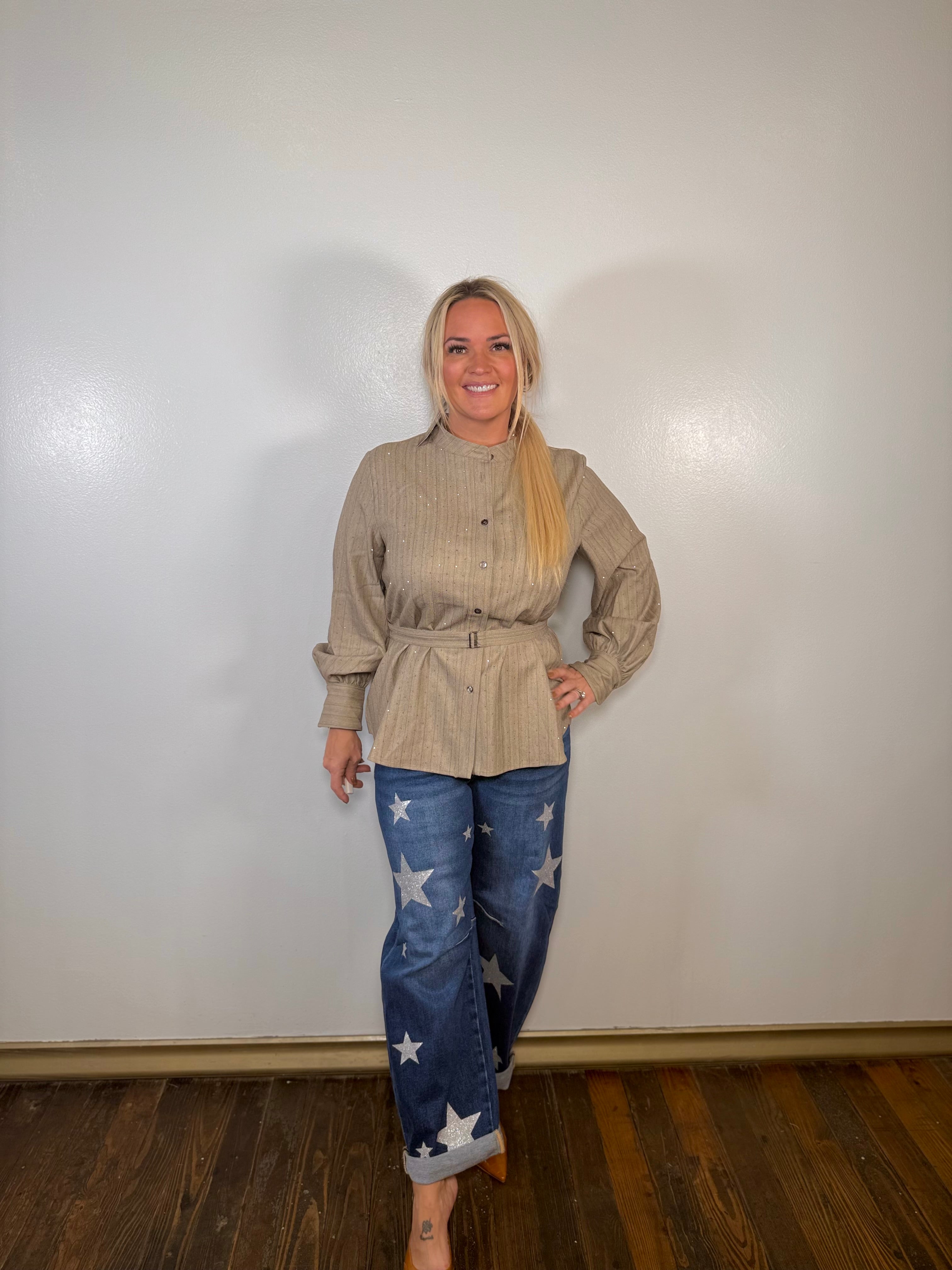 Mae Rhinestone Belted Blouse