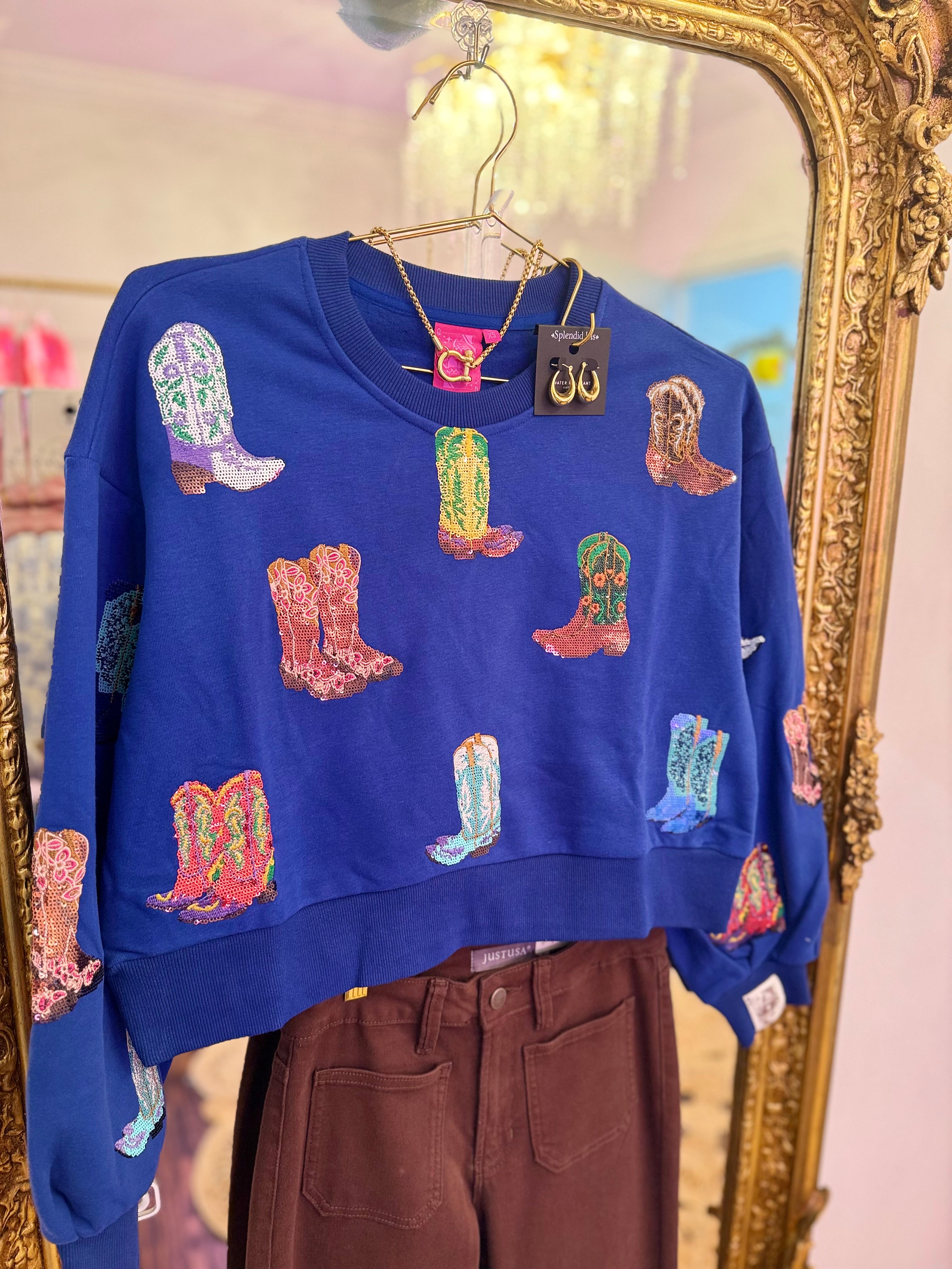 Royal Blue Multi Cowboy Boot Sweatshirt | Queen of Sparkles