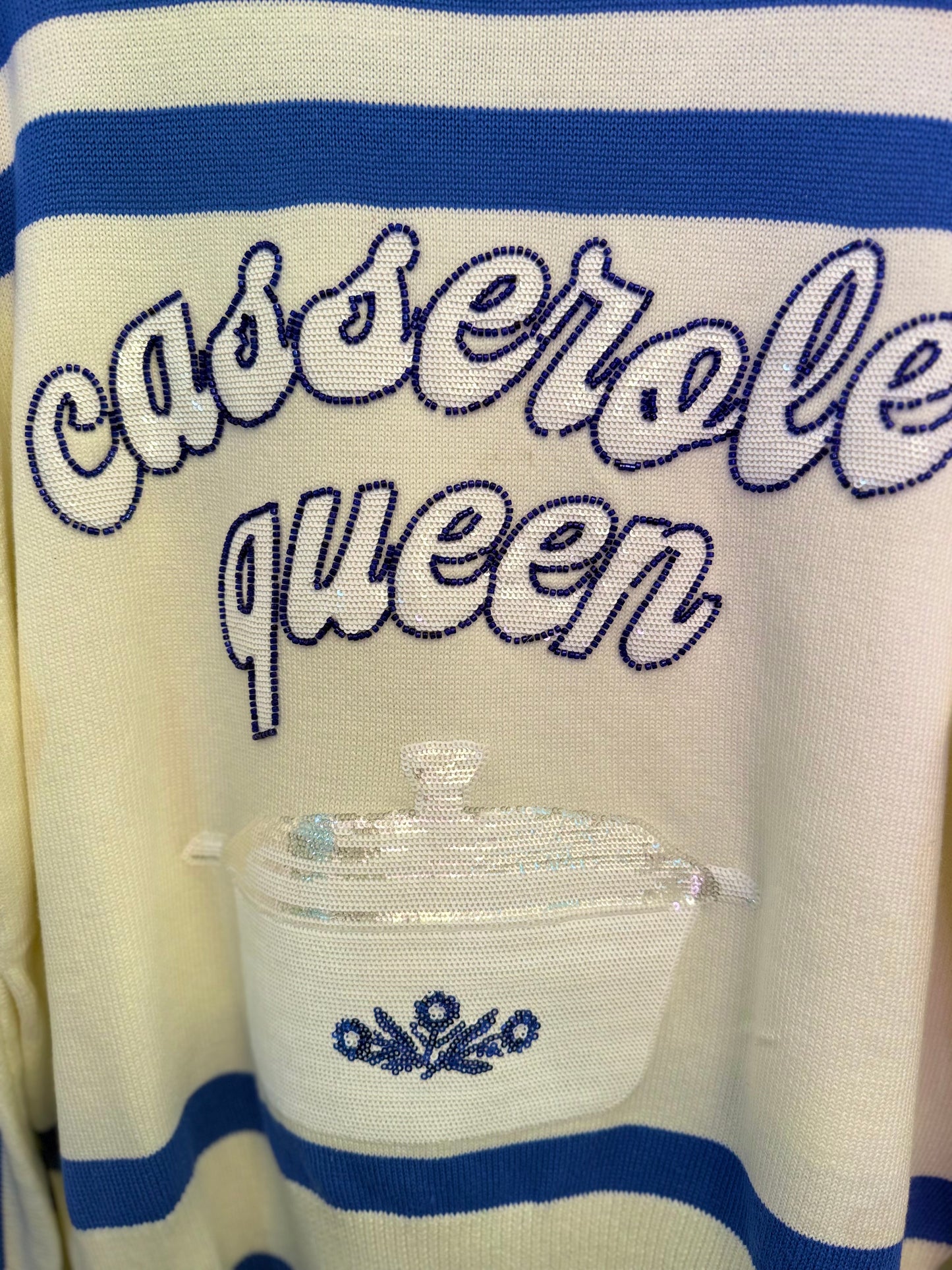 White & Blue 'Casserole Queen' Striped Sweater | Queen of Sparkles