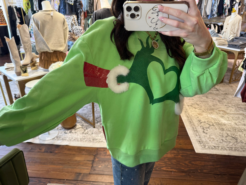 Green Grinch Heart Hands Sweatshirt | Queen of Sparkles