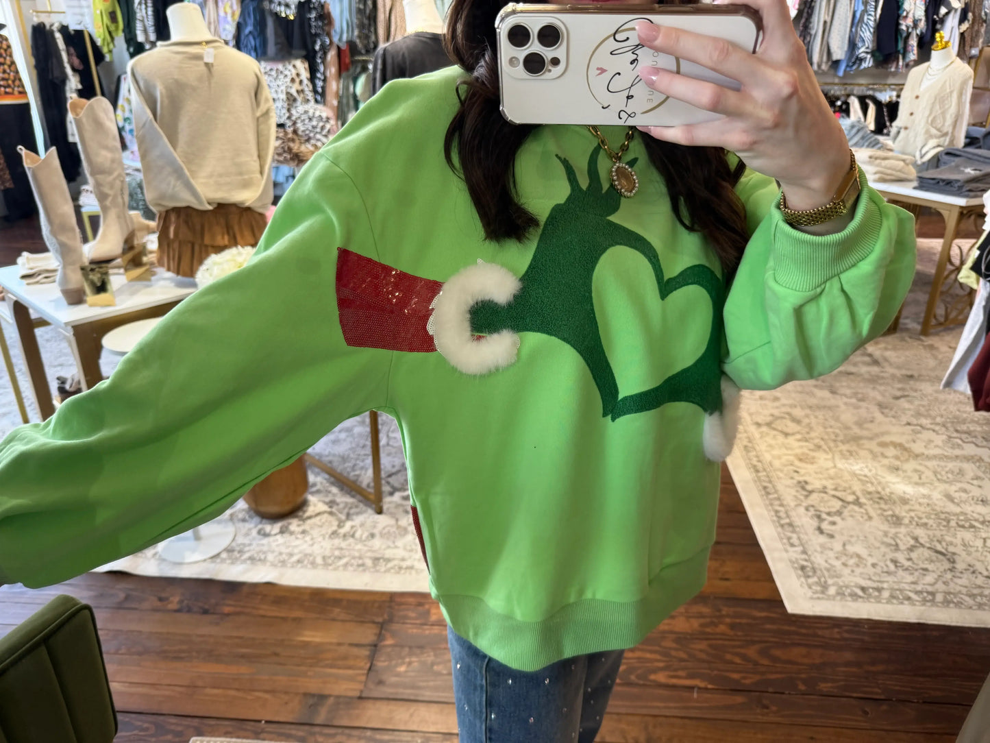 Green Grinch Heart Hands Sweatshirt | Queen of Sparkles