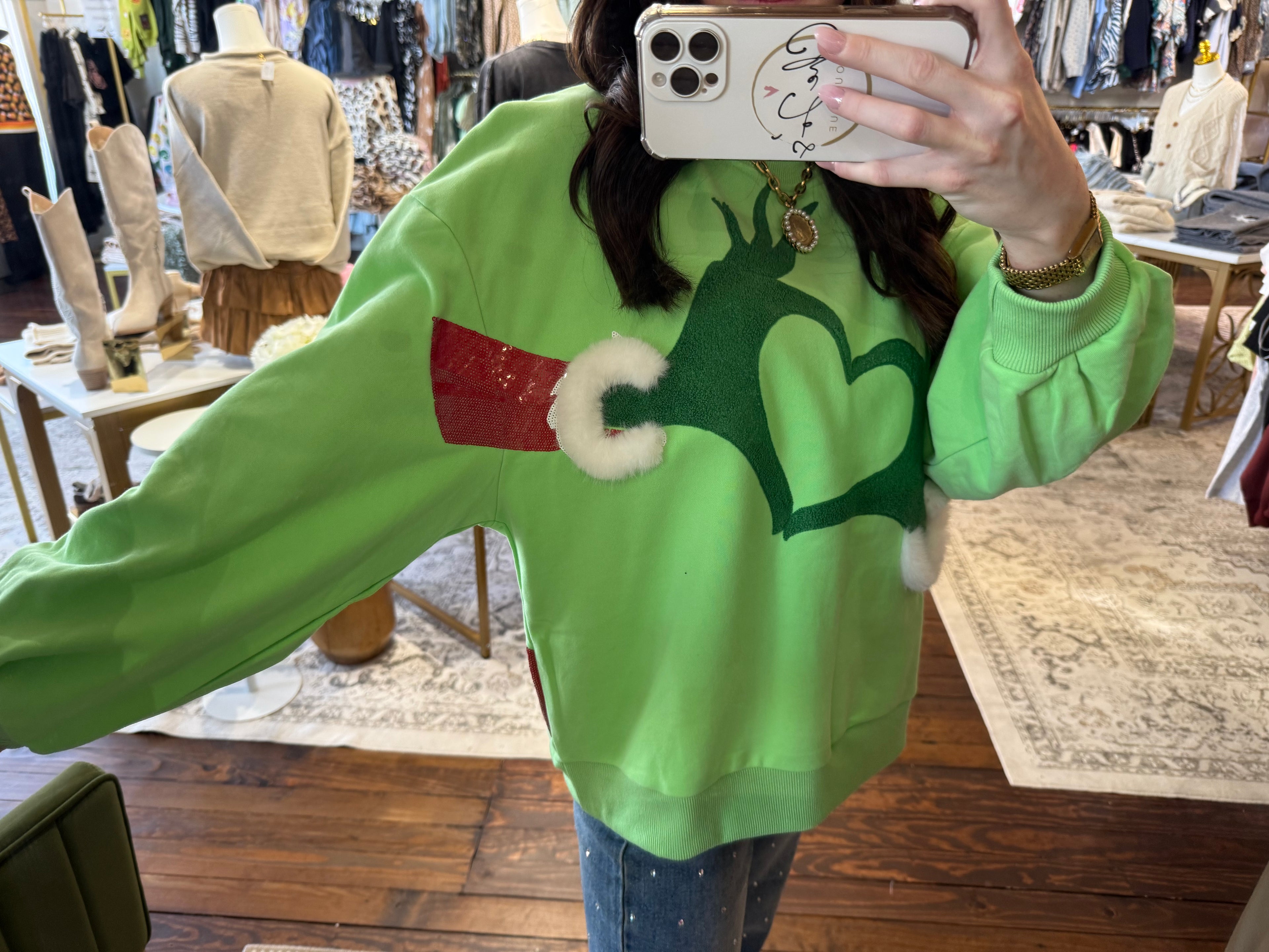 Green Grinch Heart Hands Sweatshirt | Queen of Sparkles