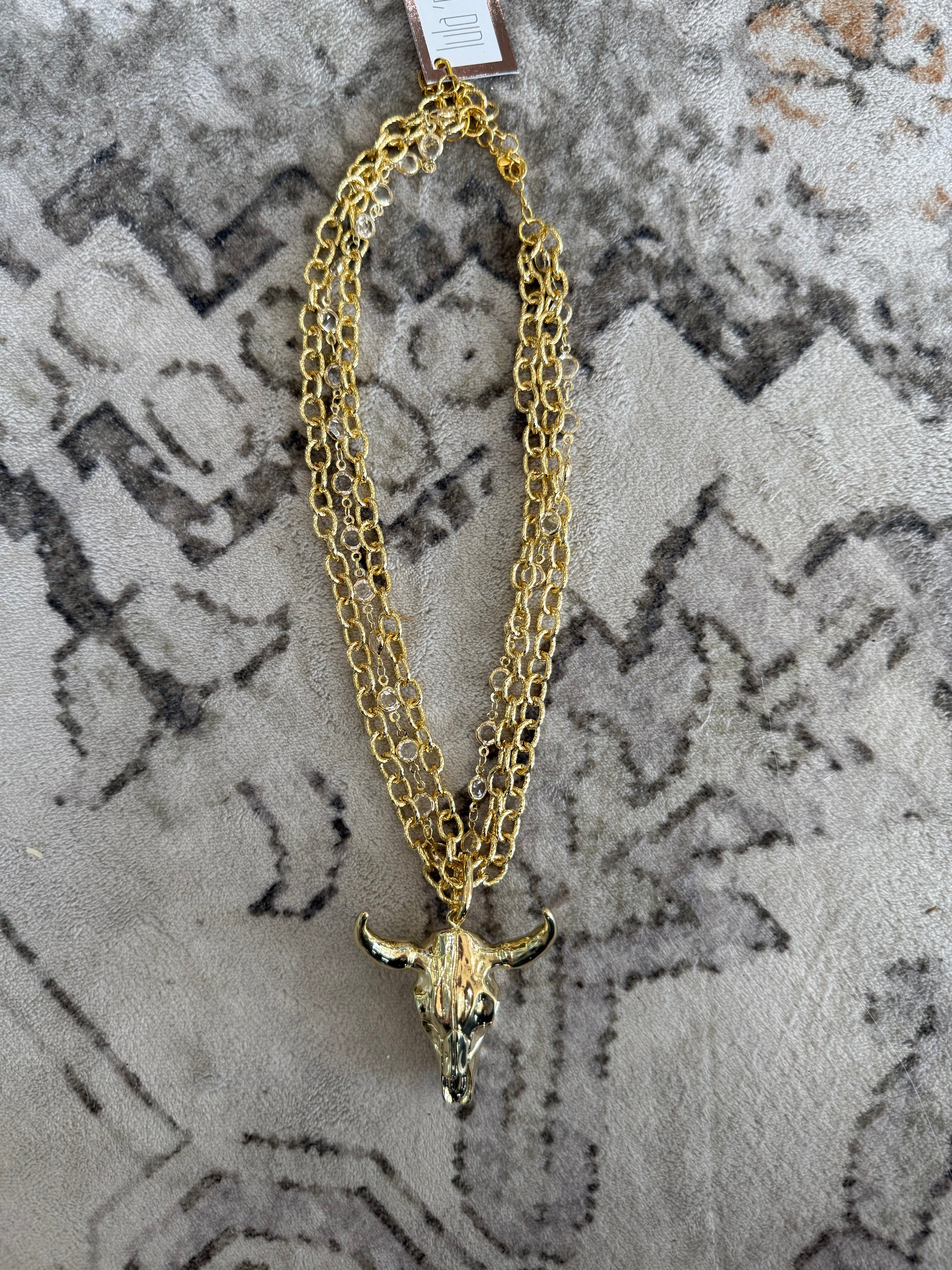 17" Triple Strand Plated Steer Head Pendant Necklace