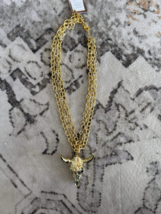 17" Triple Strand Plated Steer Head Pendant Necklace