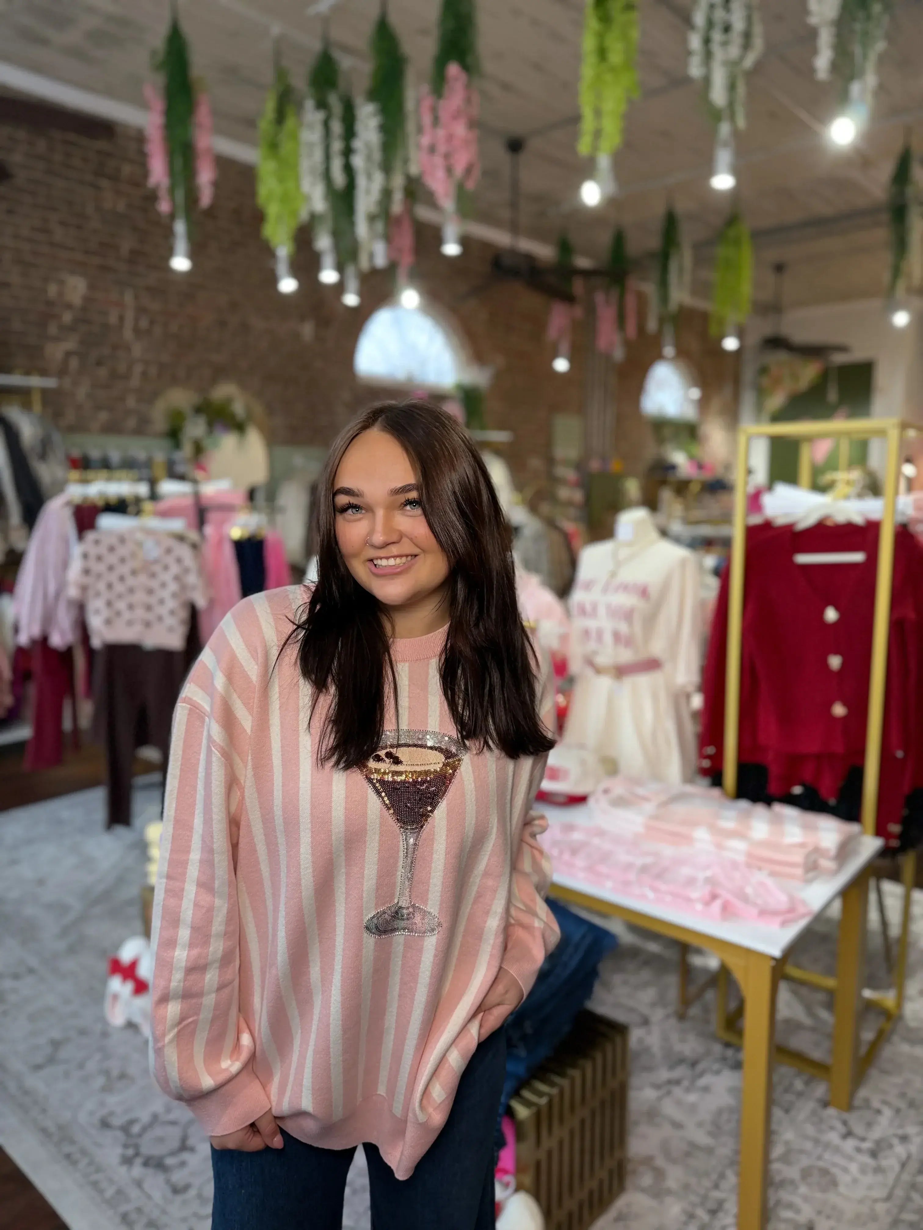 Light Pink & White Stripe Espresso Martini Sweater | Queen of Sparkles