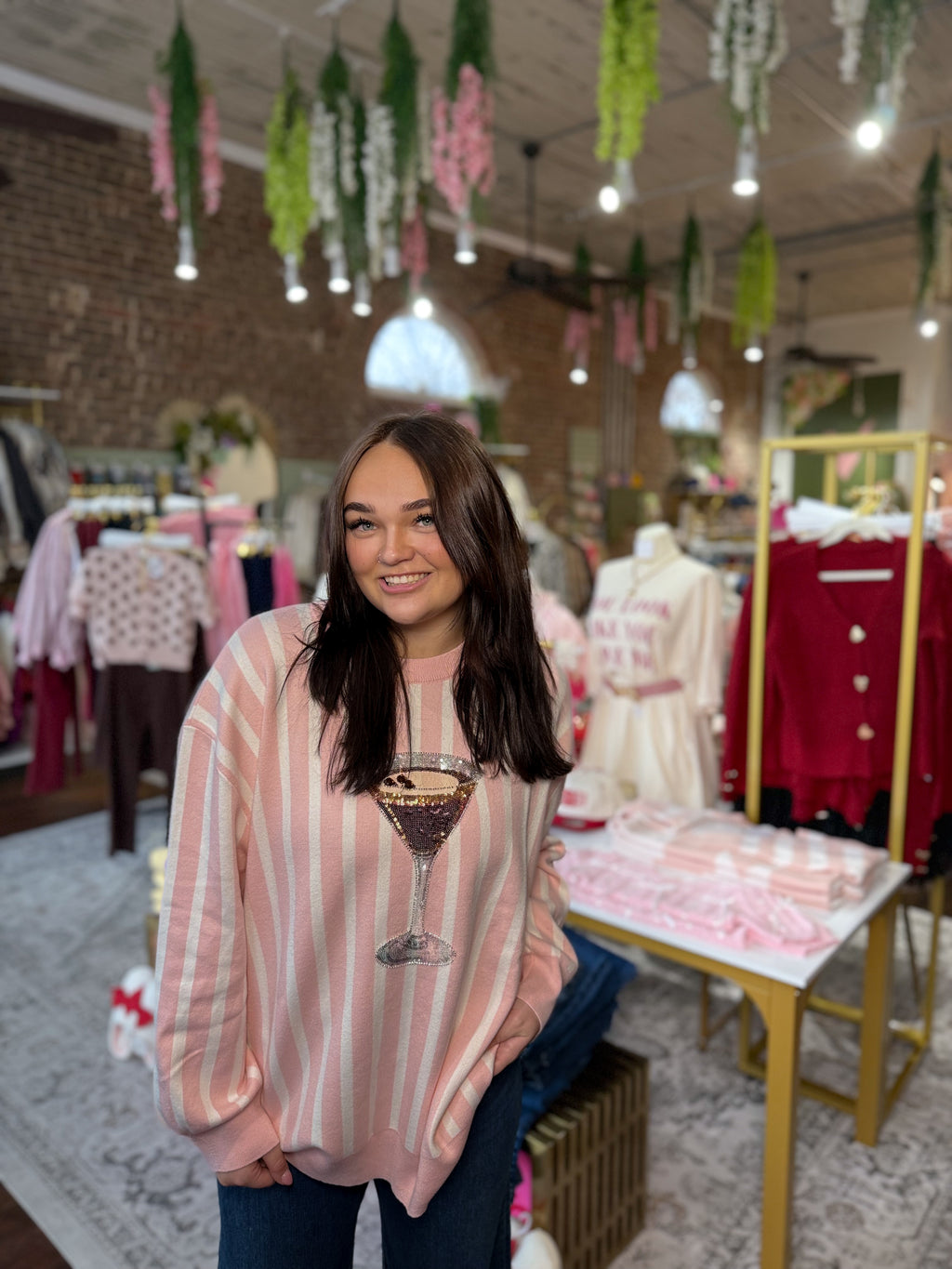 Light Pink & White Stripe Espresso Martini Sweater | Queen of Sparkles