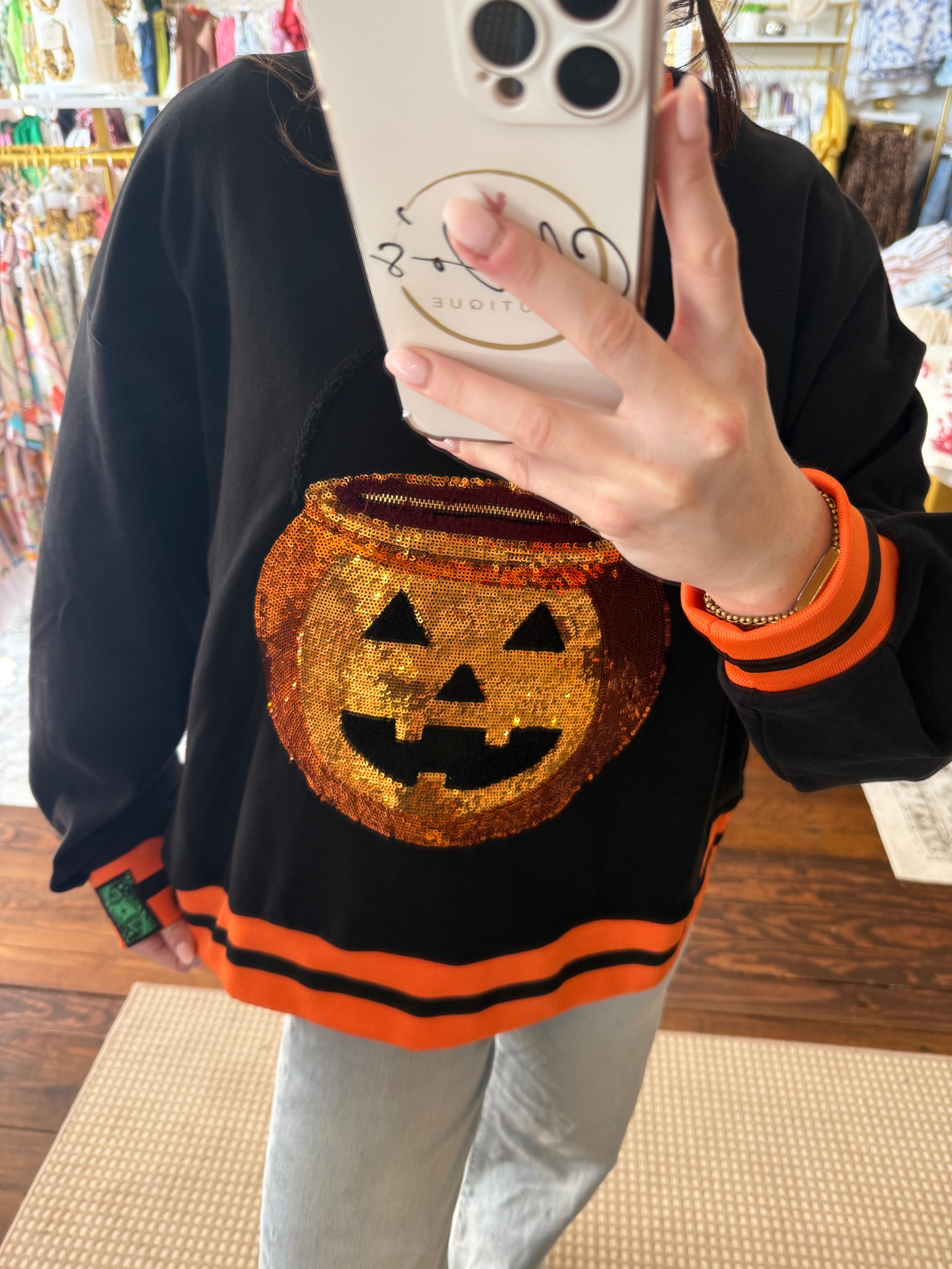 Black Halloween Pumpkin Candy Bucket Sweatshirt | Queen of Sparkles