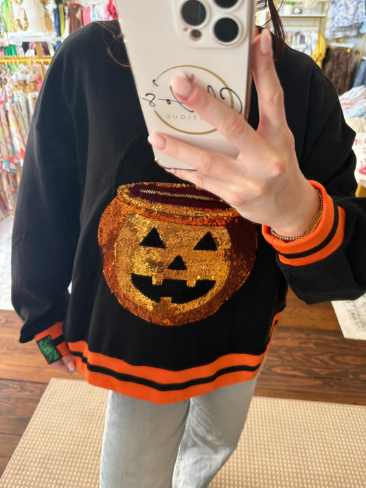 Black Halloween Pumpkin Candy Bucket Sweatshirt | Queen of Sparkles