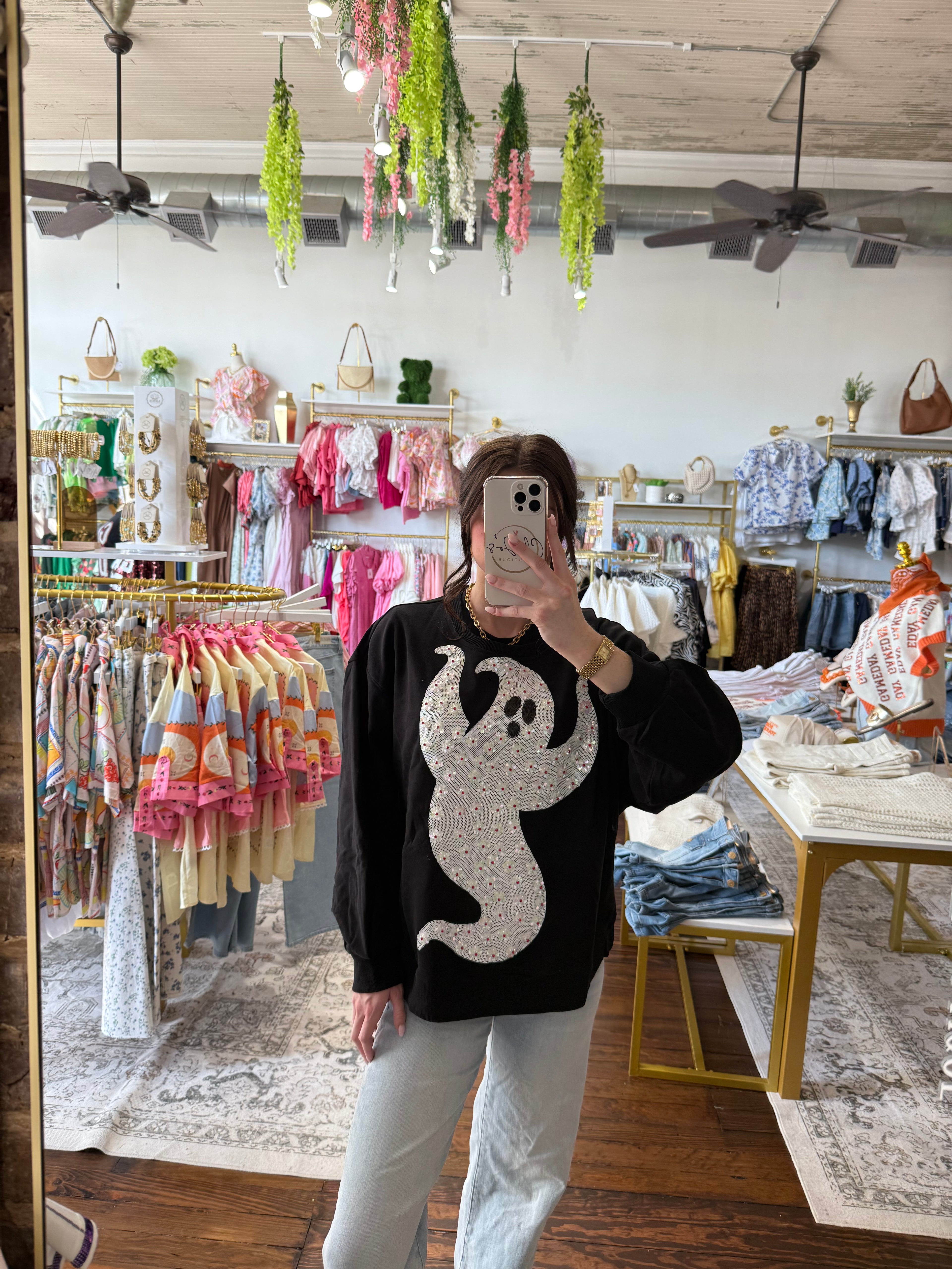Black & White Flower Sequin Ghost Sweatshirt | Queen of Sparkles