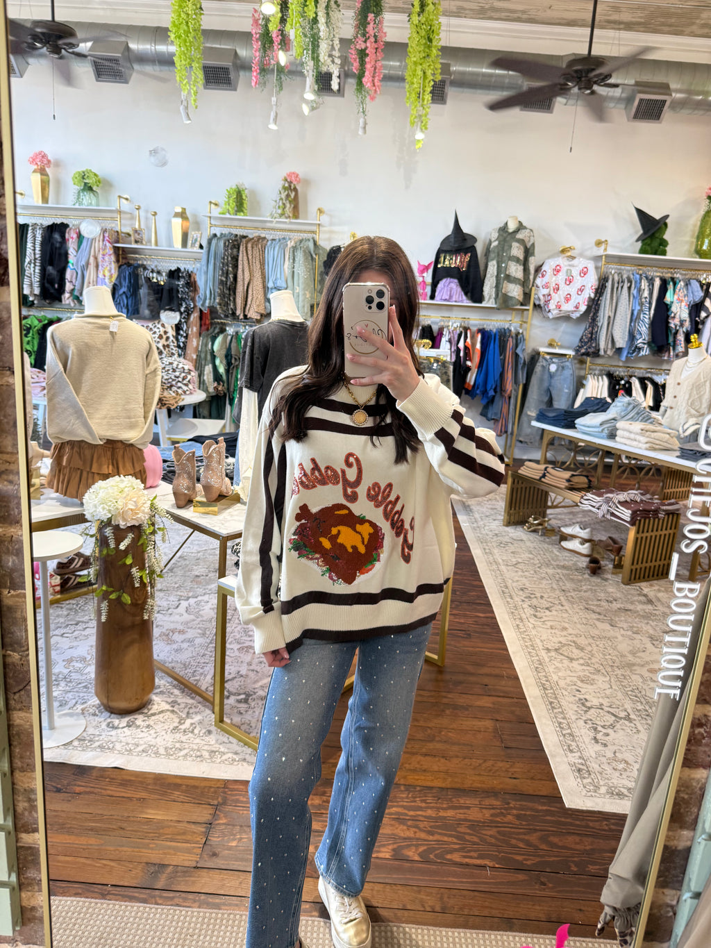 White & Brown Stripe 'Gobble' Long Sleeve Sweater | Queen of Sparkles