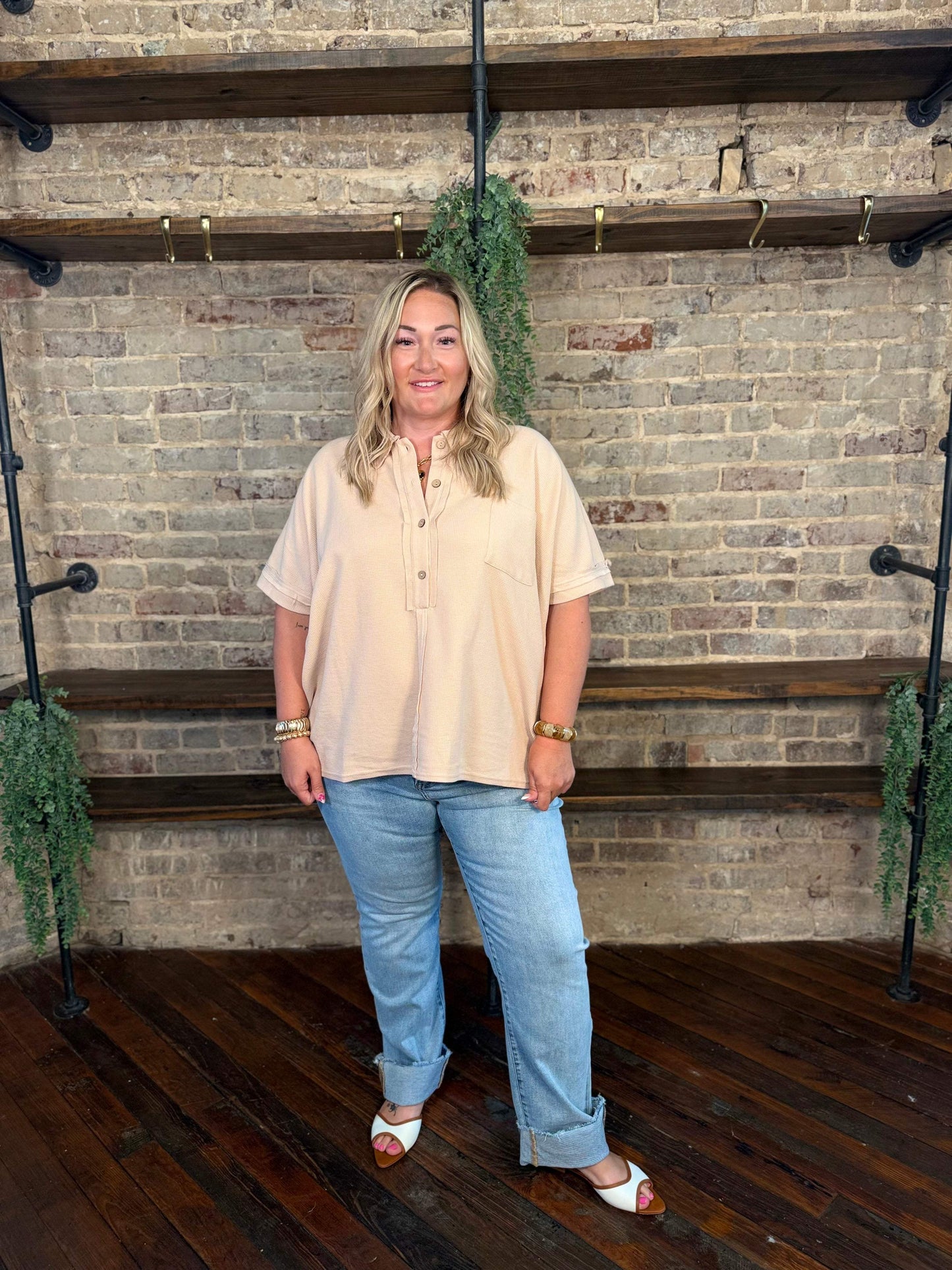 PLUS SIZE | Waffle Knit Button Down Top