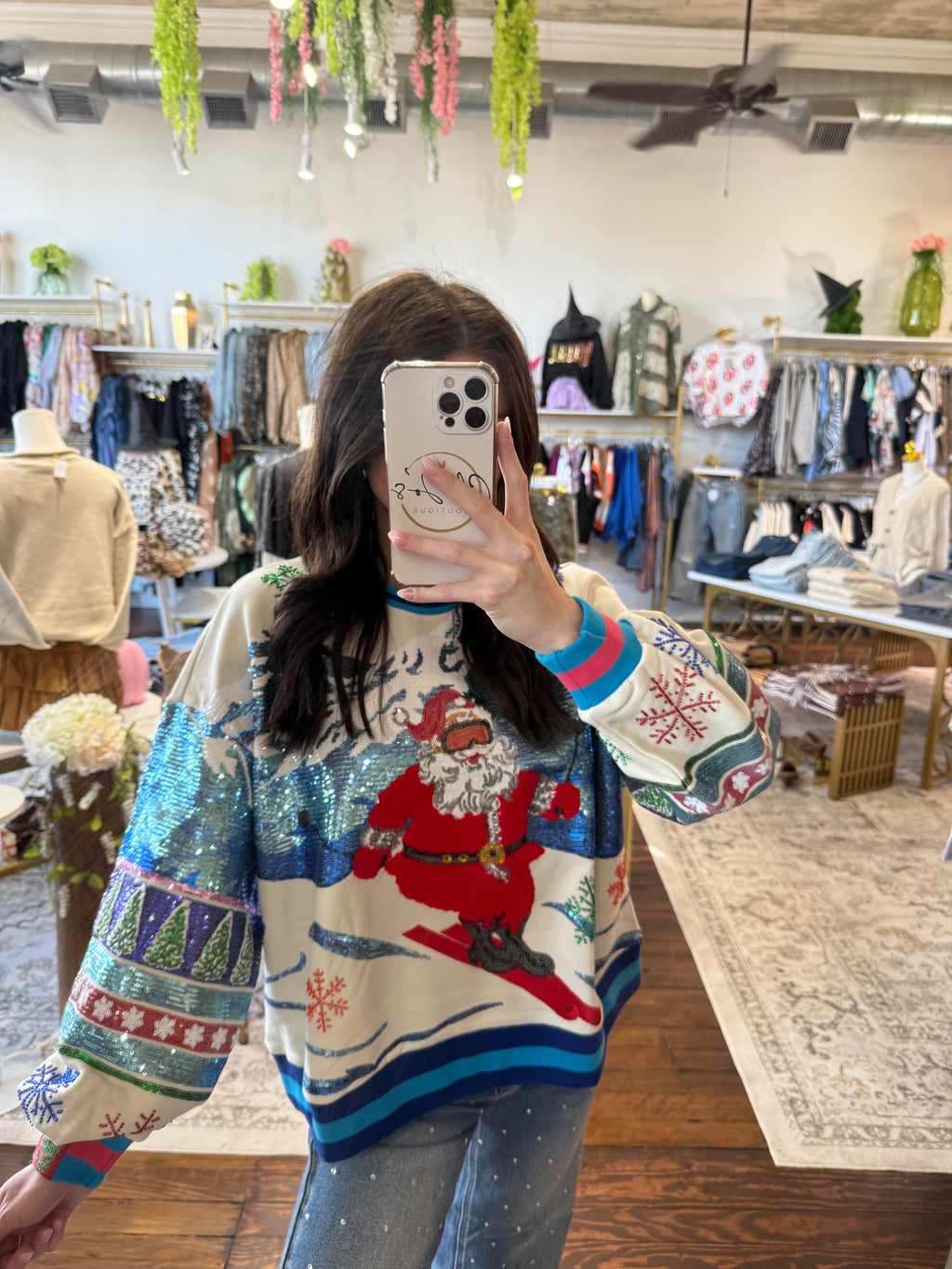 White & Blue Vintage Skiing Santa Sweatshirt | Queen of Sparkles