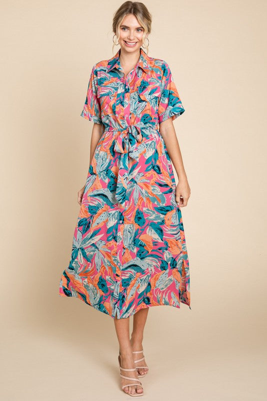 PLUS SIZE | Tropical Belted Midi Dress
