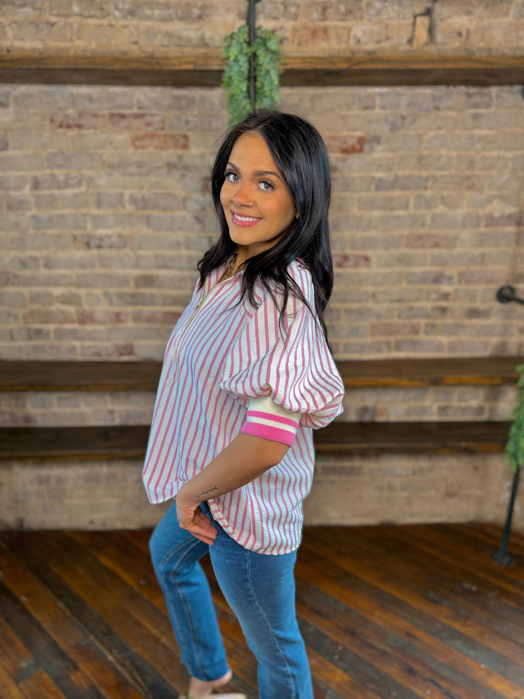 Stripe Shift Zip Up Blouse | PLUS SIZE AVAILABLE