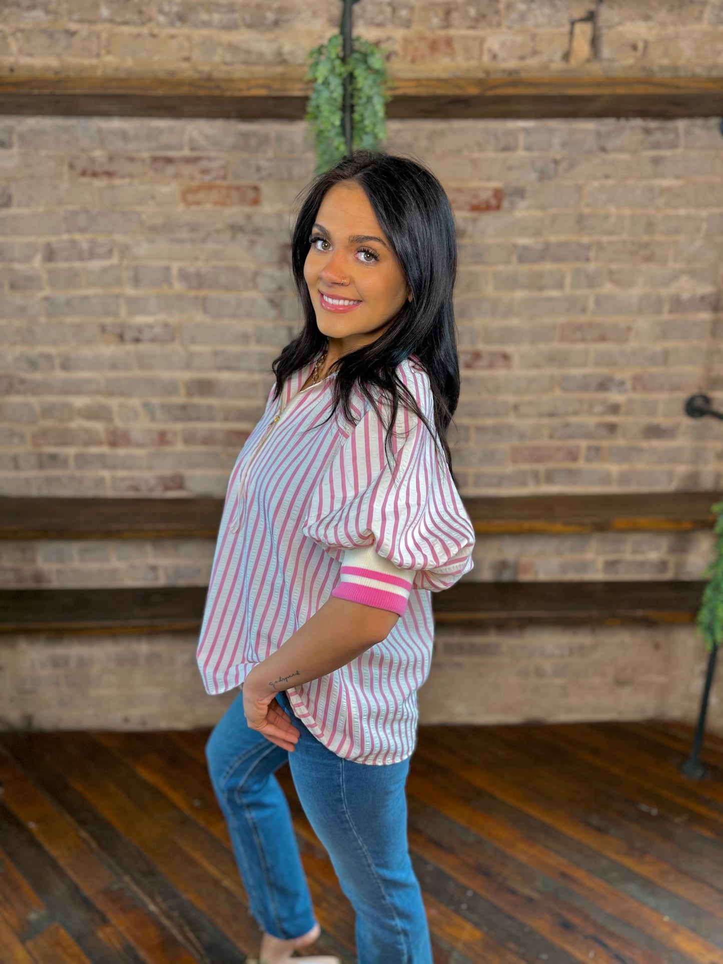 Stripe Shift Zip Up Blouse | PLUS SIZE AVAILABLE