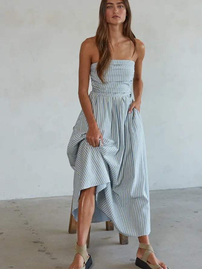 Azure Stripe Strapless Flare Maxi Dress
