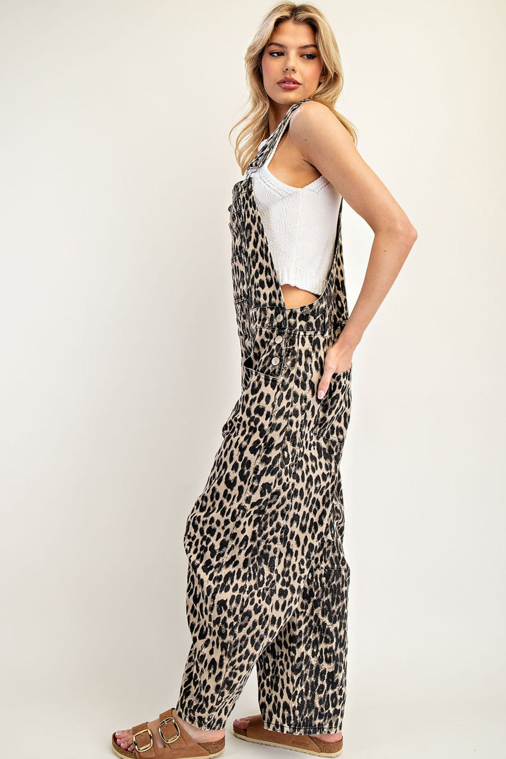 Leopard Print Barrel Overalls