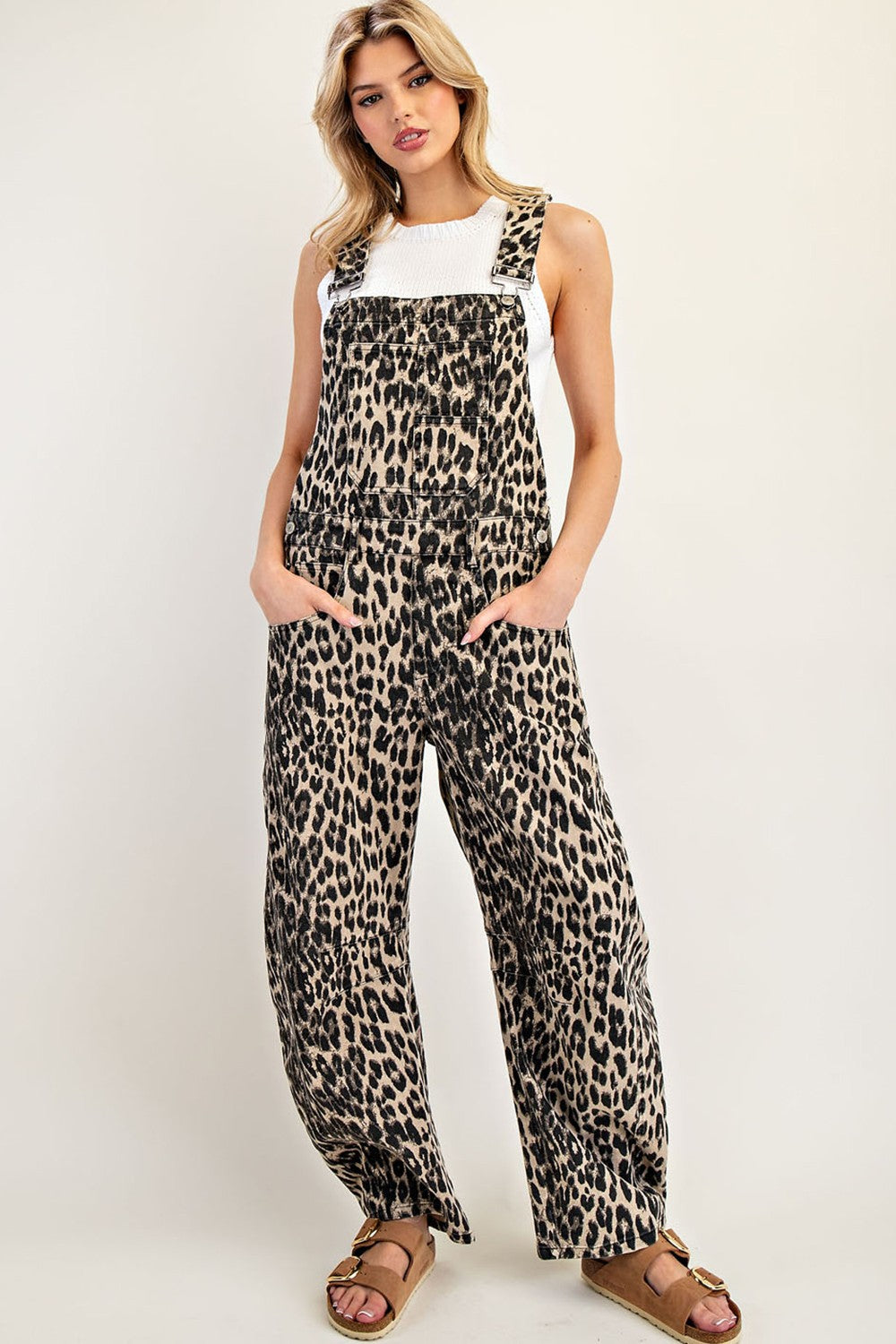 Leopard Print Barrel Overalls