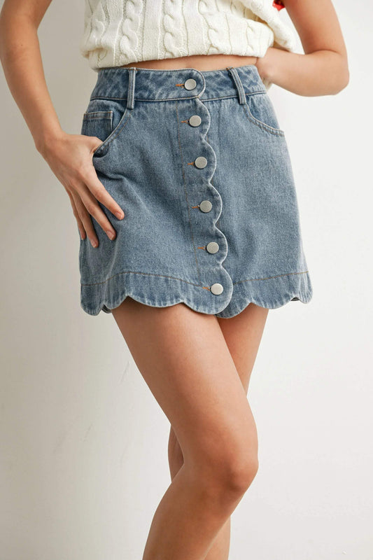 Scalloped Button Denim Skirt