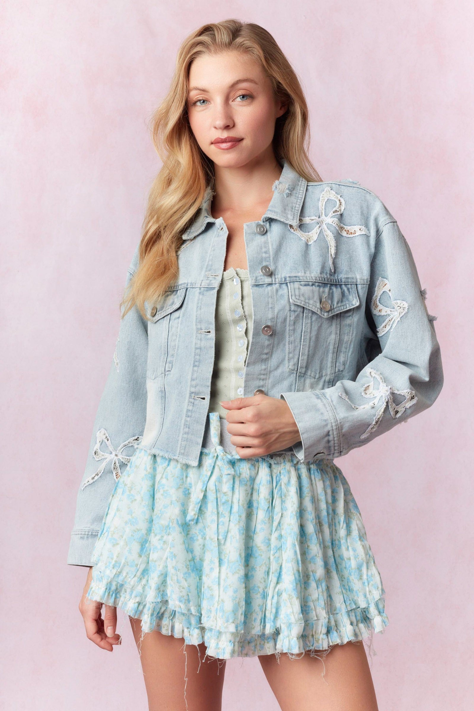 Embroidered Lace Bow Denim Jacket