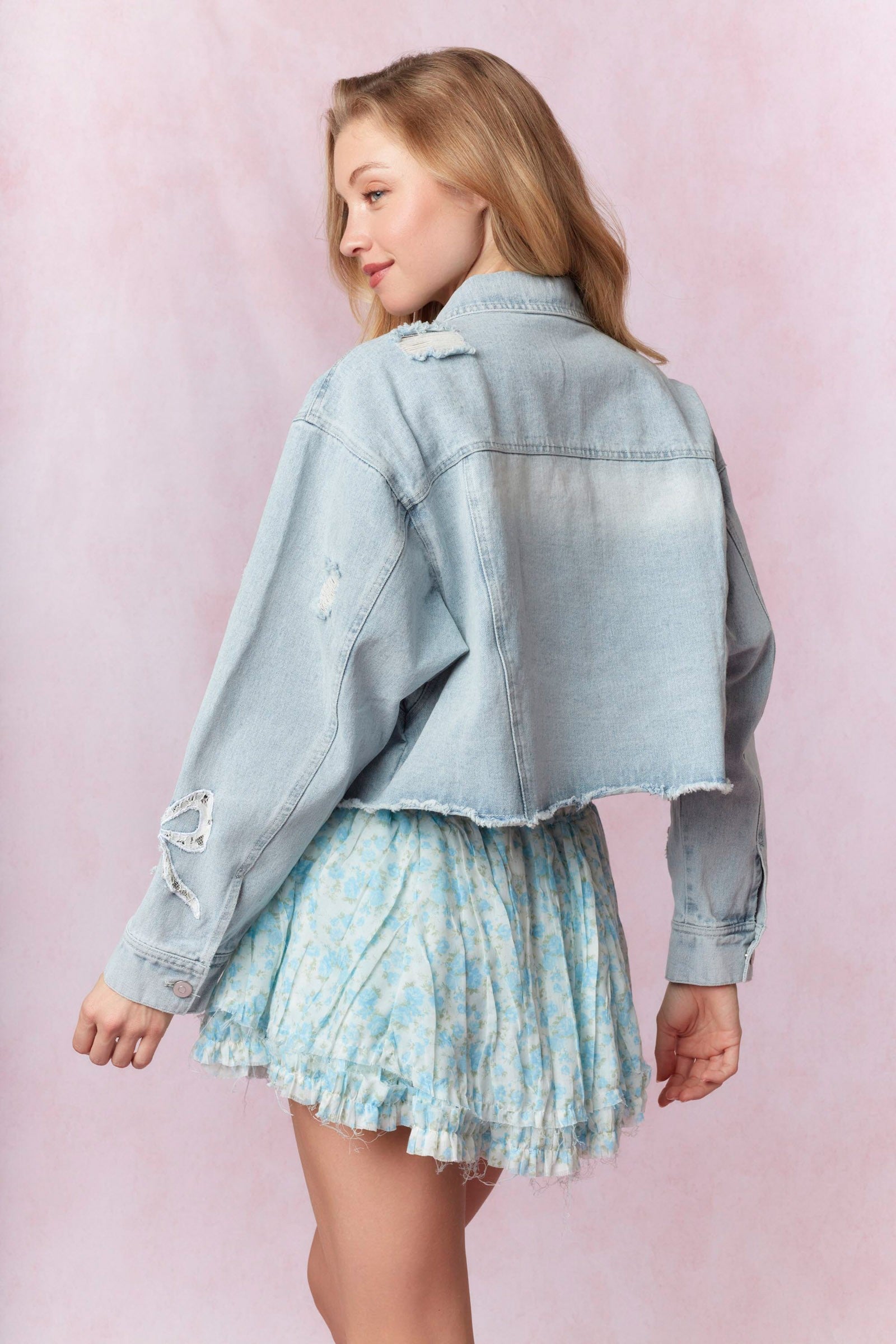 Embroidered Lace Bow Denim Jacket