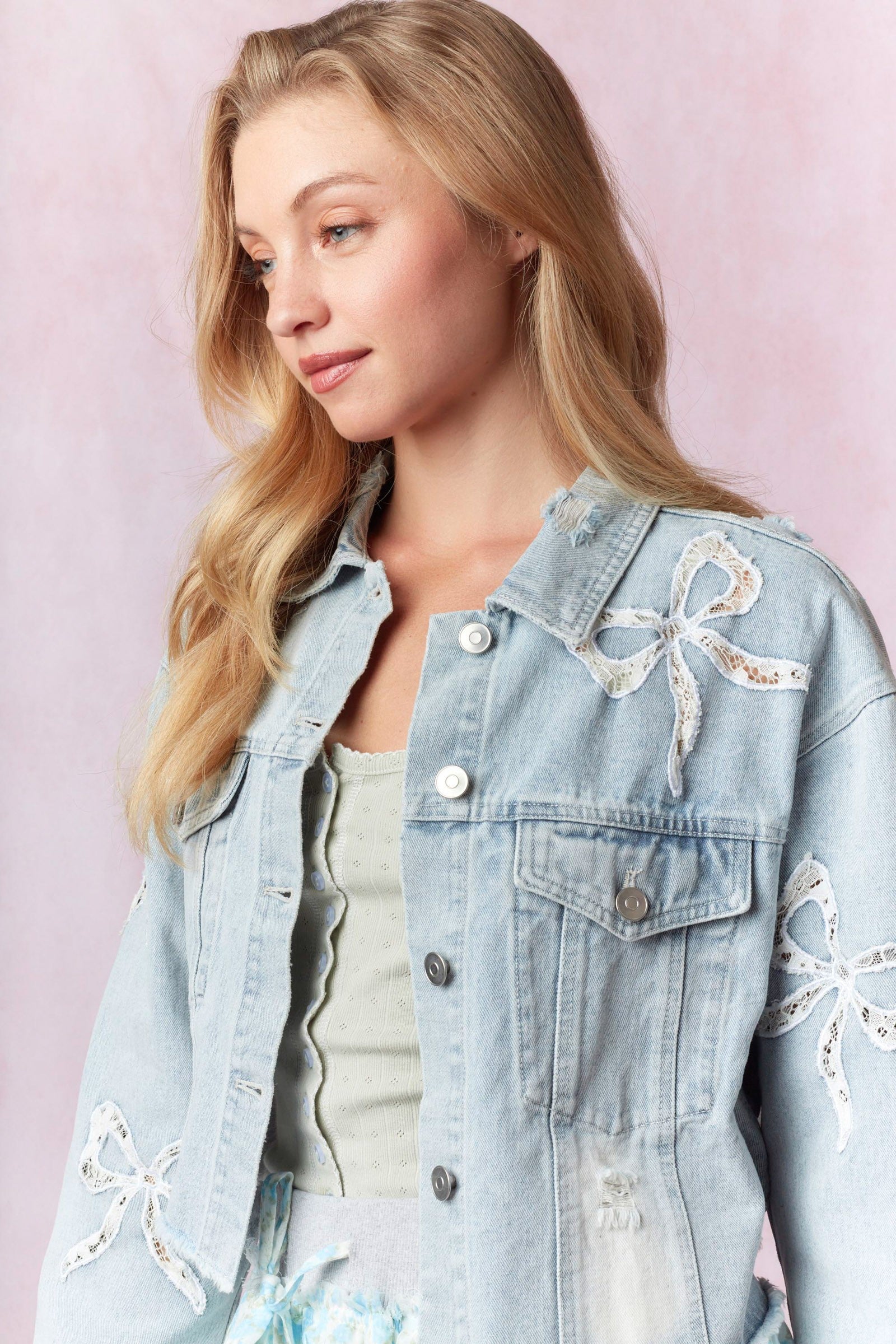 Embroidered Lace Bow Denim Jacket