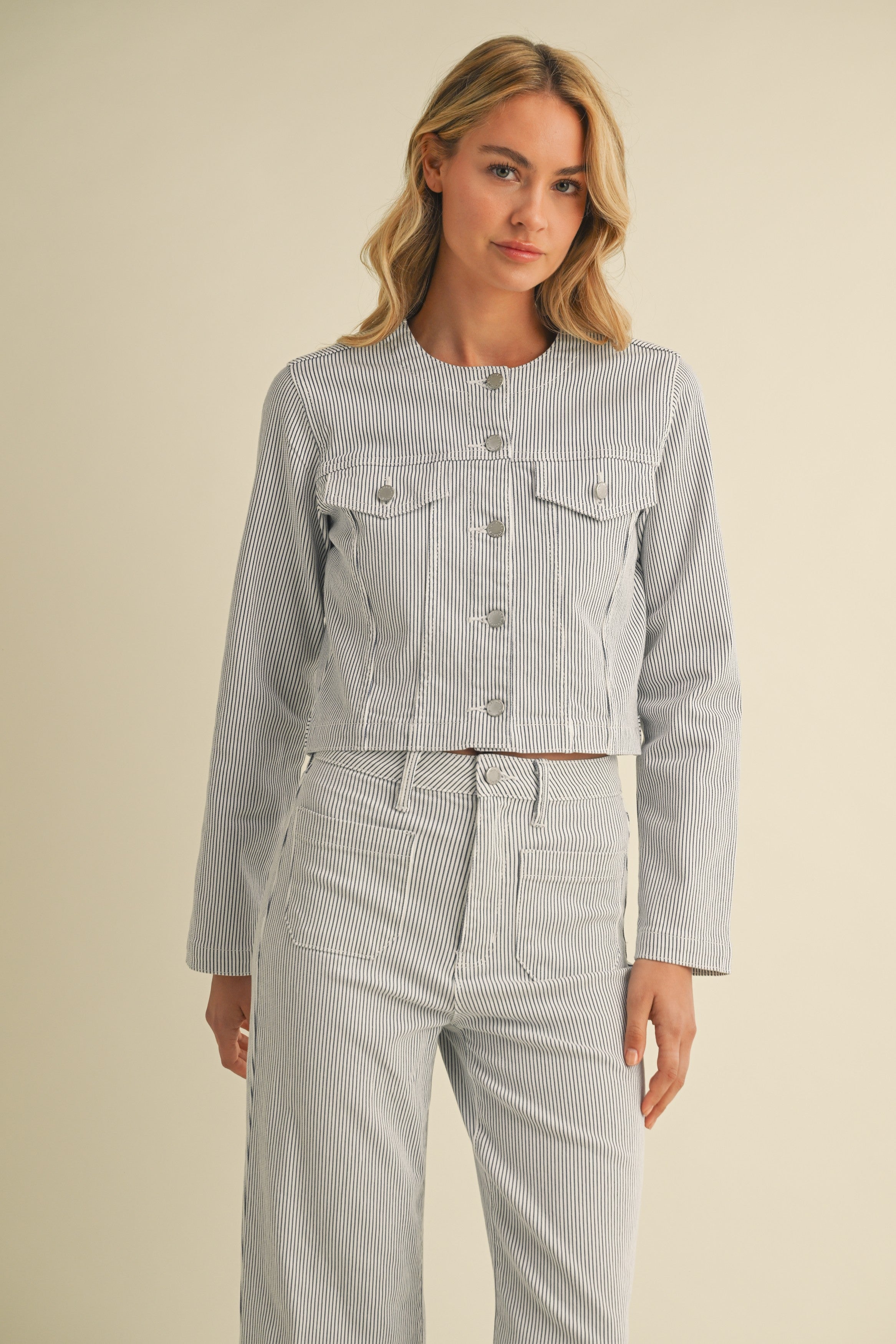 Streamline Collarless Striped Jacket