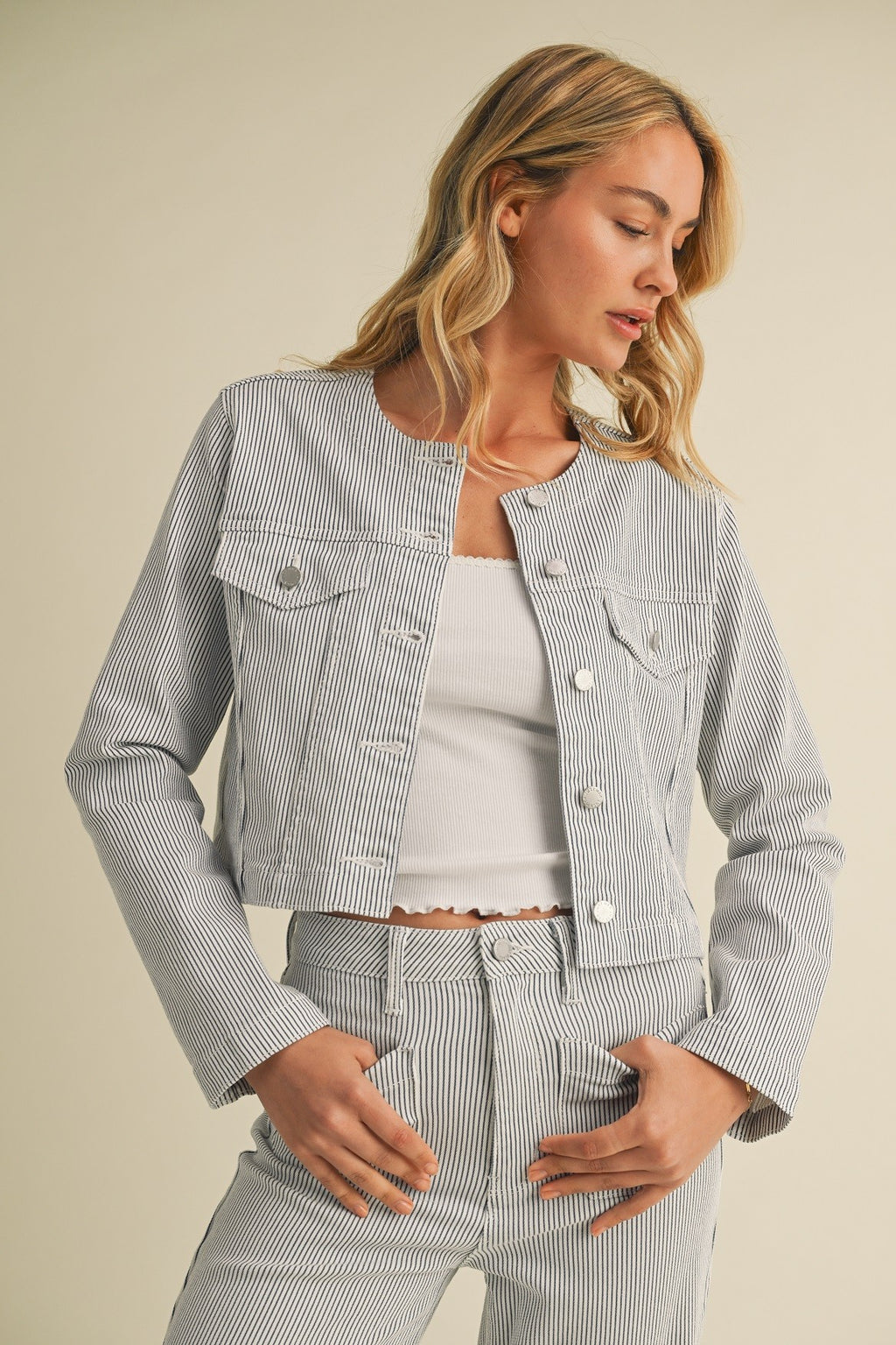 Streamline Collarless Striped Jacket