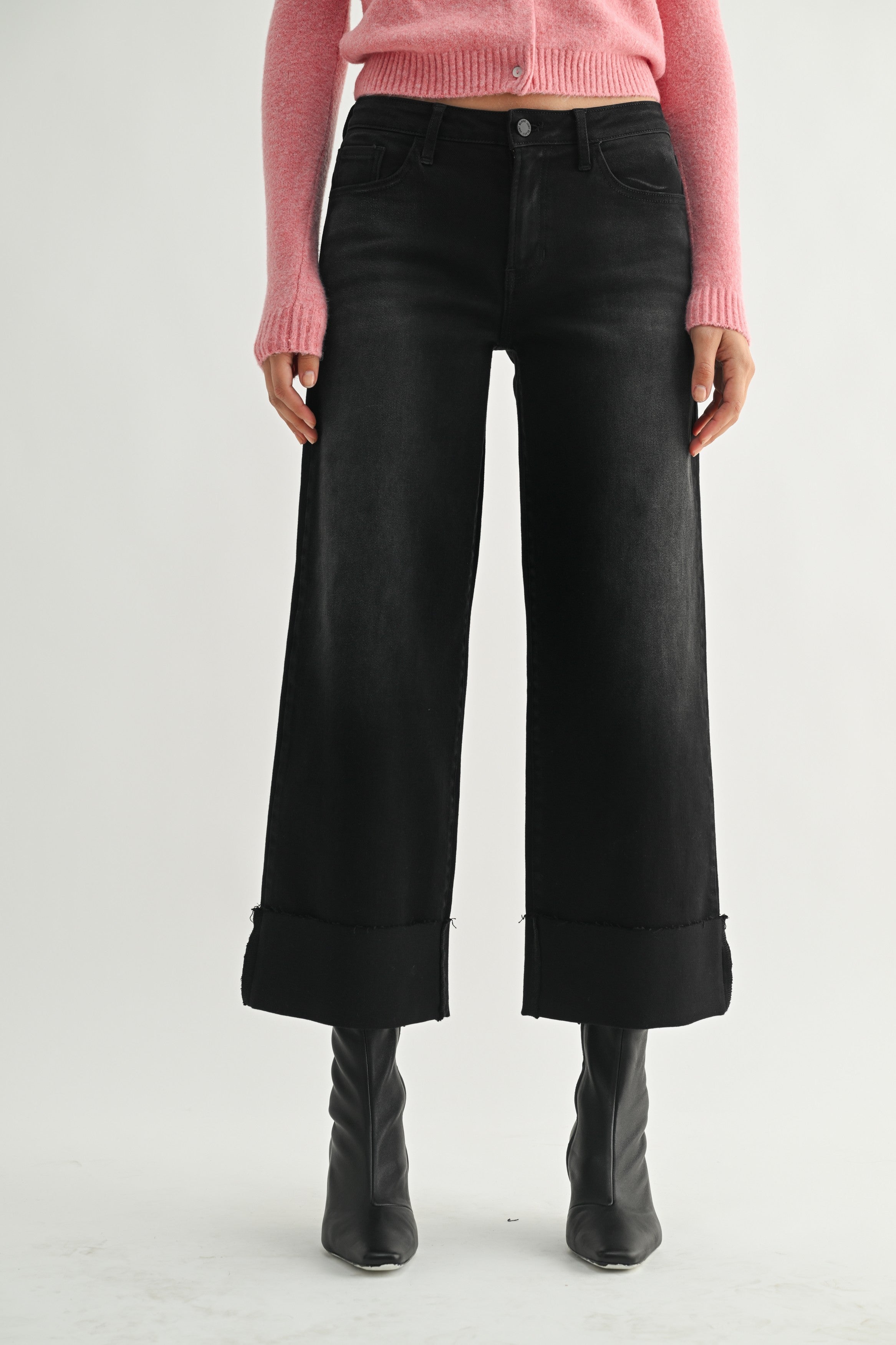 Kai Scissor Cut Cuffed Slim Wide Jeans | Just Black Denim