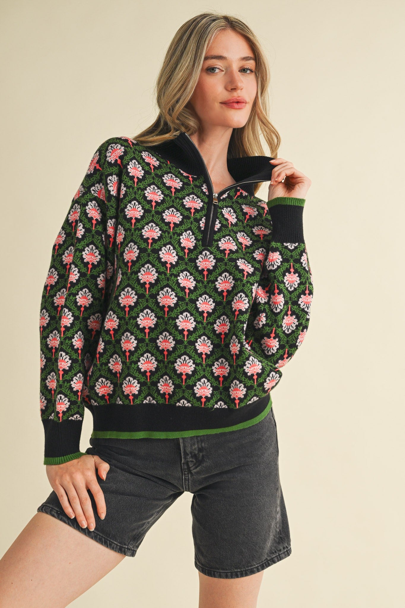 Vintage Floral Half Zip Sweater