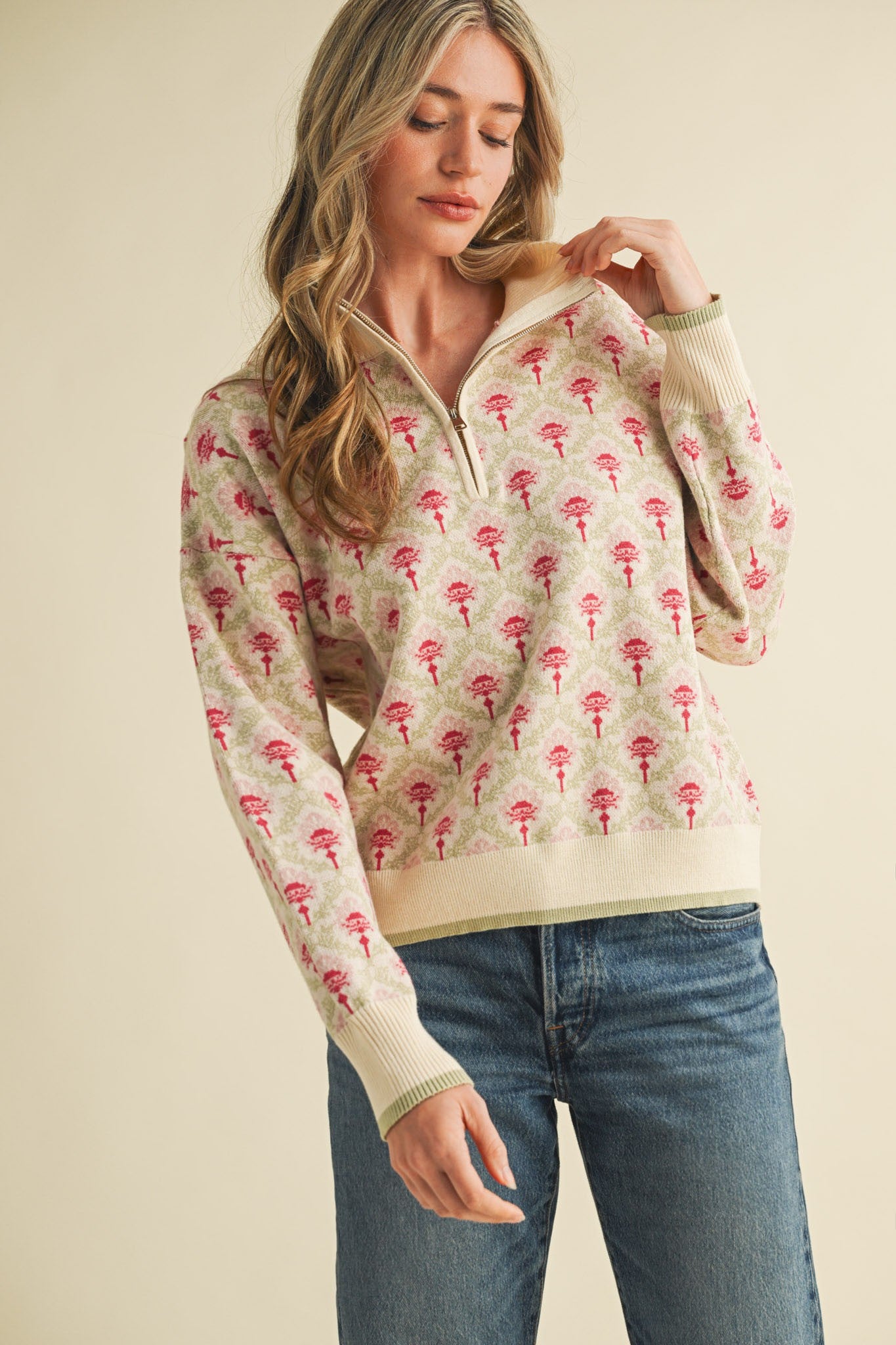 Vintage Floral Half Zip Sweater