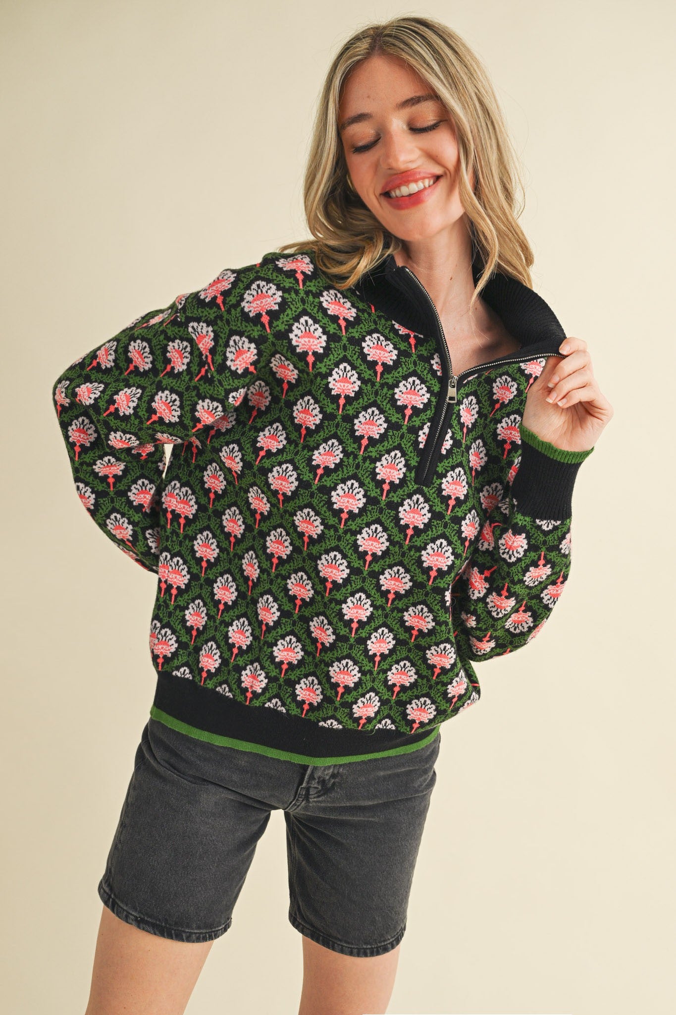 Vintage Floral Half Zip Sweater