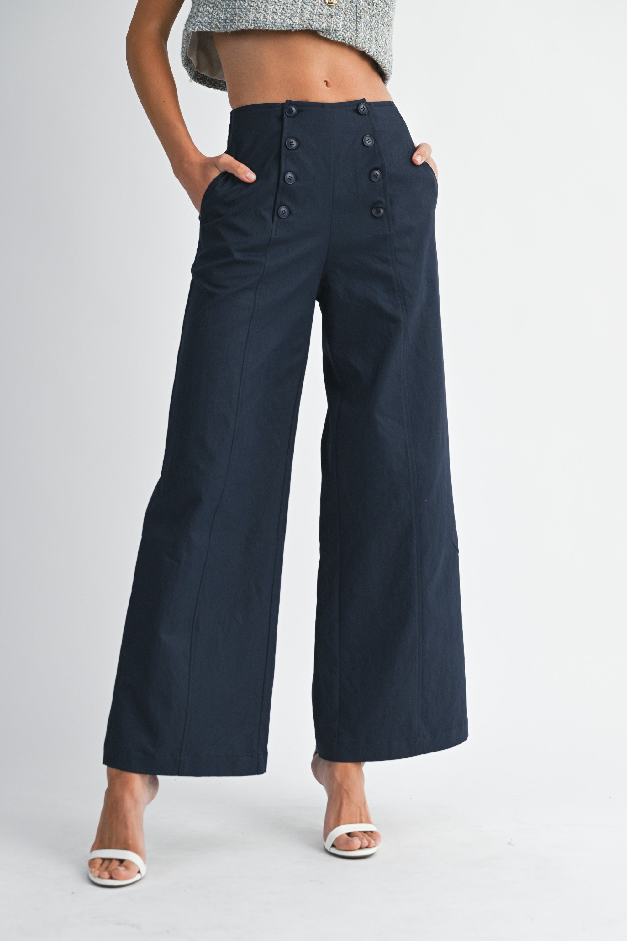 Front Button Detail Wide Leg Pants