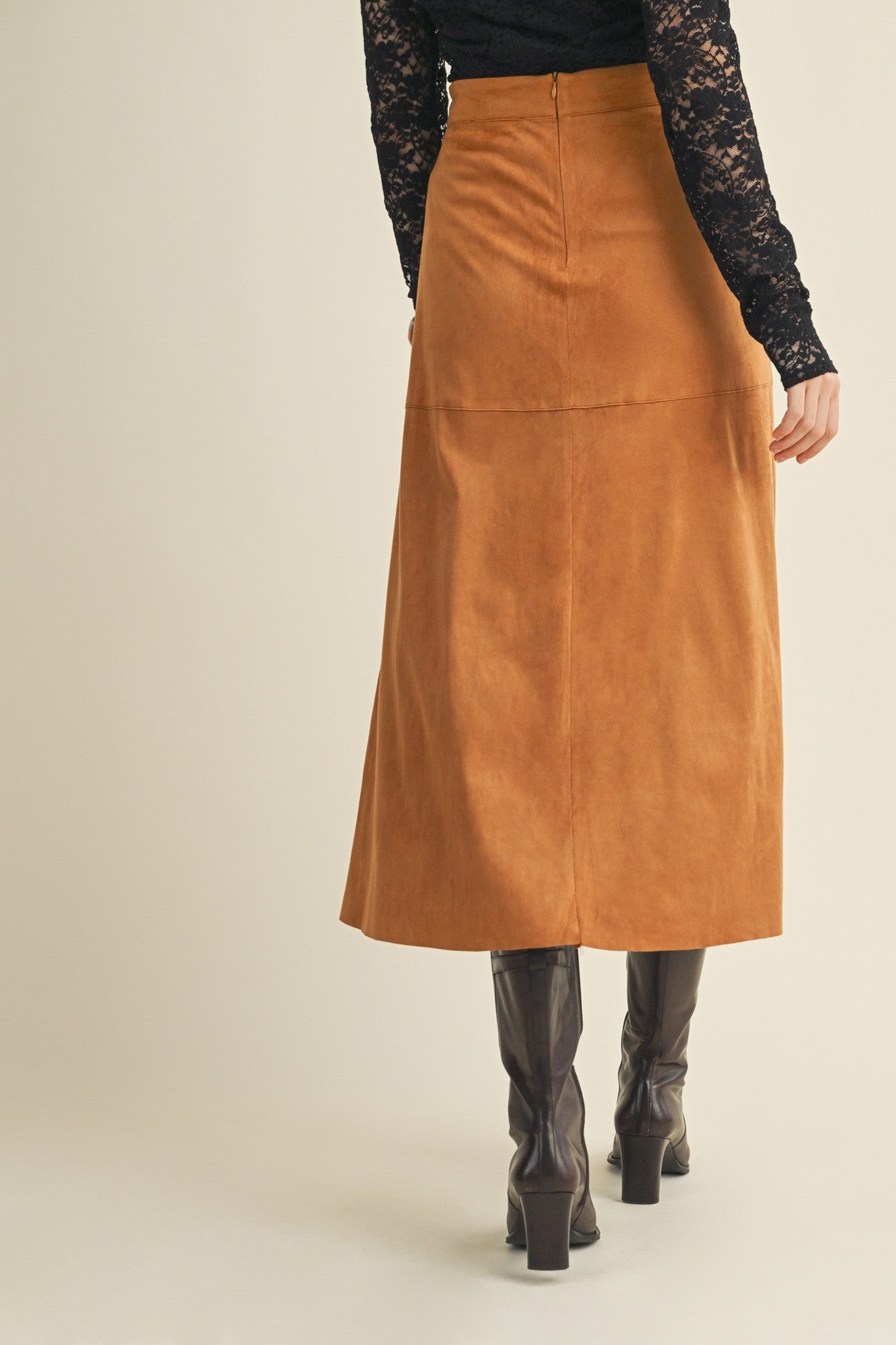 Retro Edge Drawstring Suede Midi Skirt
