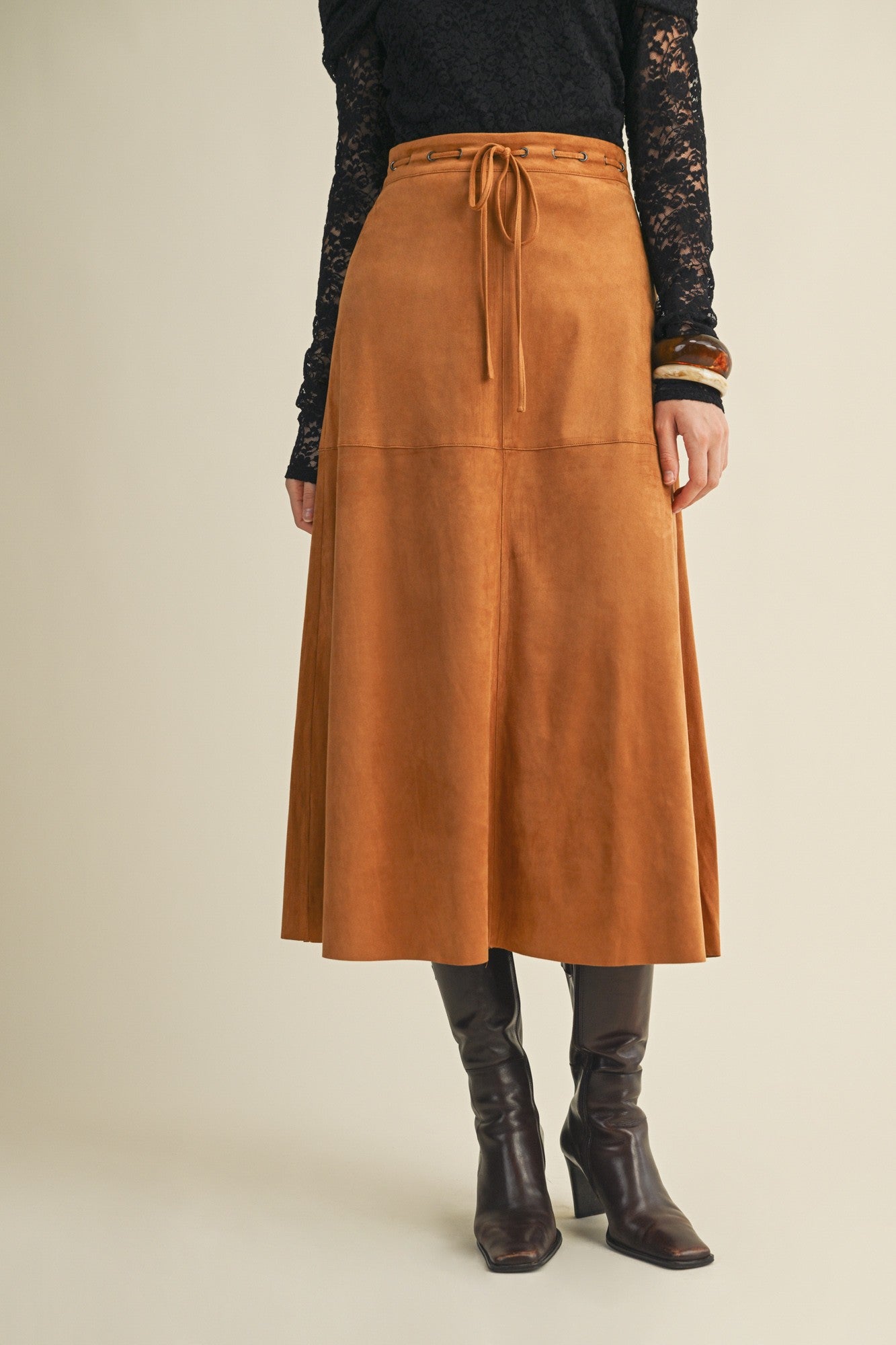 Retro Edge Drawstring Suede Midi Skirt