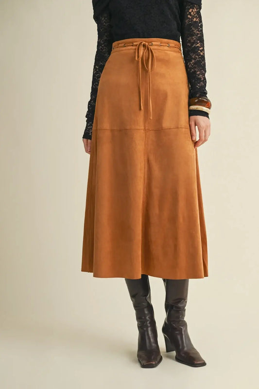 Retro Edge Drawstring Suede Midi Skirt