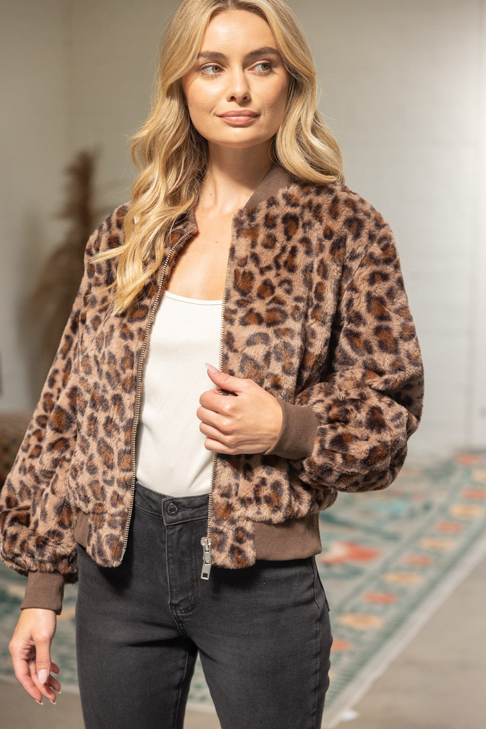 Leopard Fur Bomber Jacket