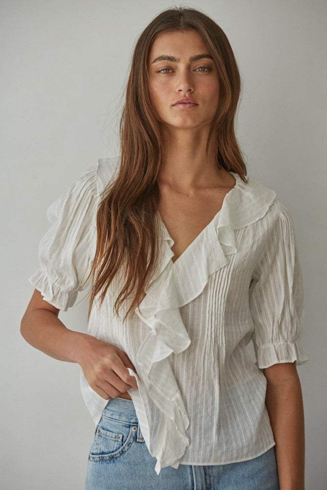 Riviera Woven Cotton V-Neck Short Sleeve Top
