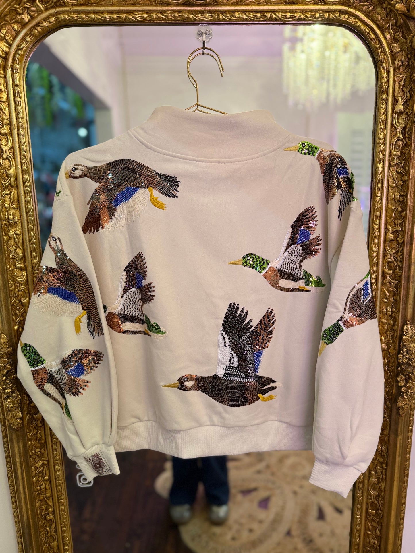 Ivory Flying Ducks Mock Neck Sweatshirt | Queen of Sparkles