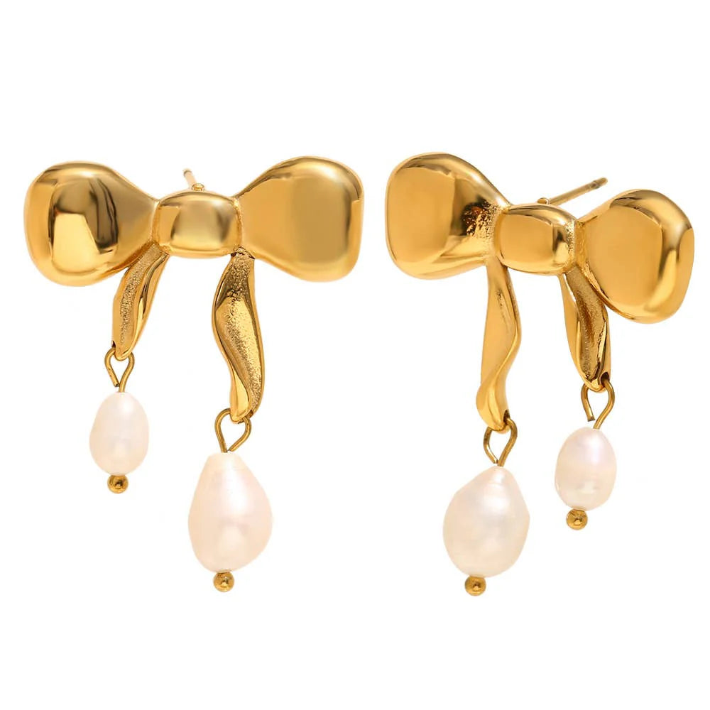 Gold & Pearl Bow Earrings | Water Resistant