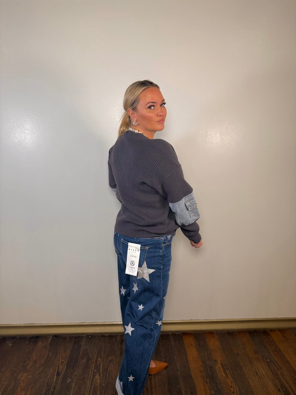 Amiee Knit Denim Patch Cardigan