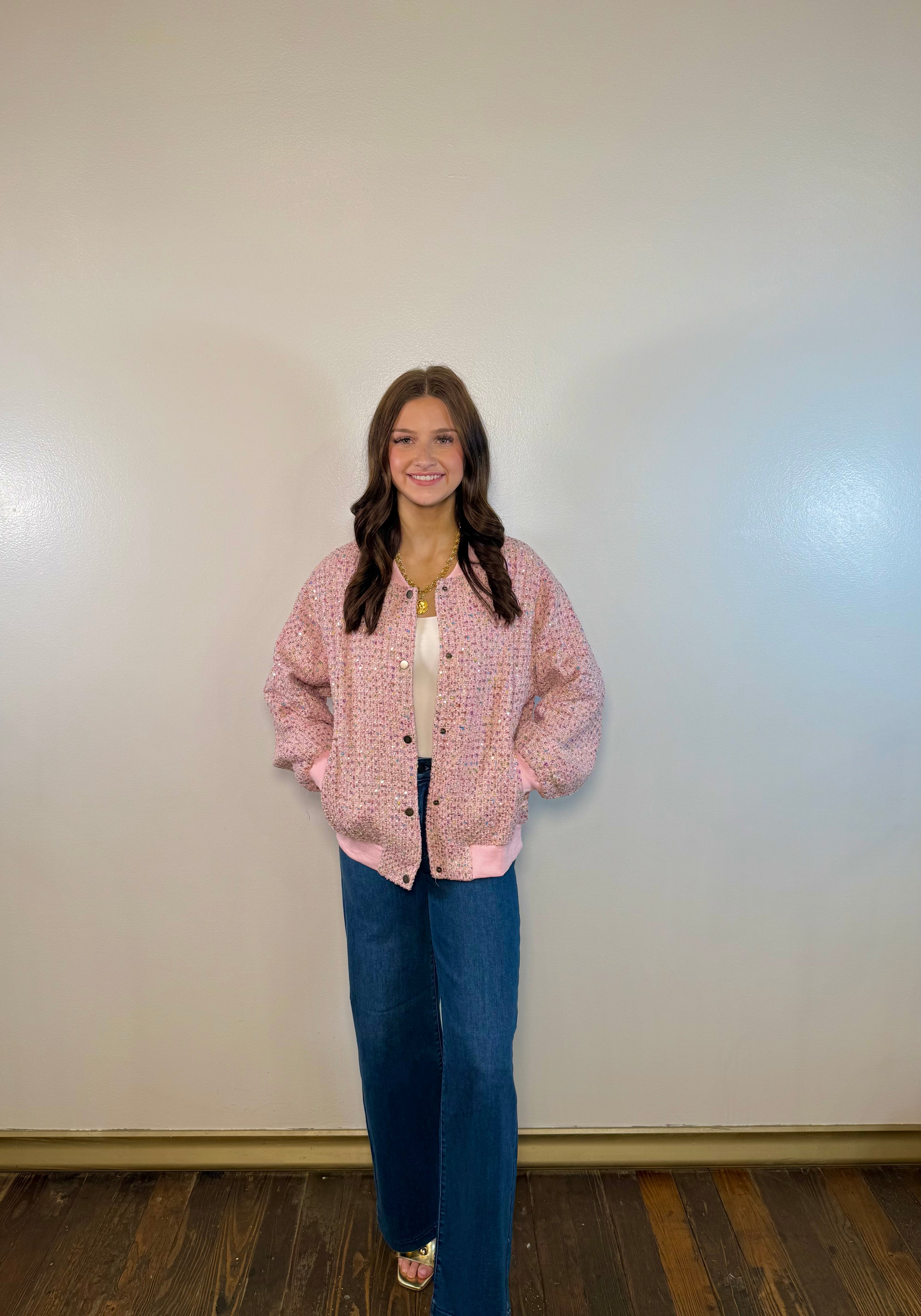 Sequin Tweed Bomber Jacket