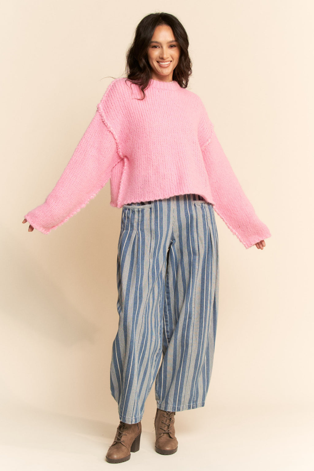 Striped Barrel Drawstring Jeans